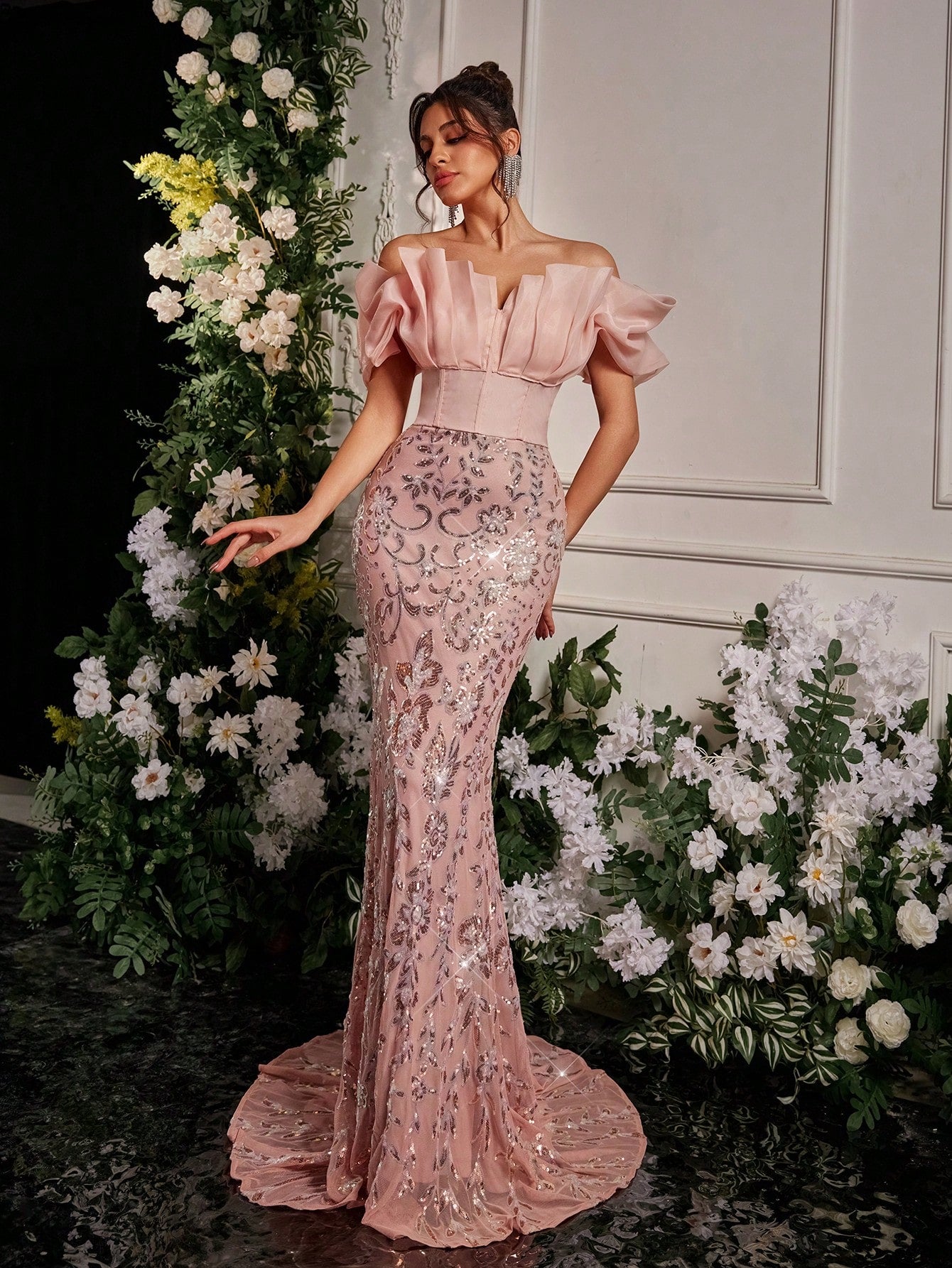 Elegant Off-Shoulder Golden Glitter Formal Gown with Puff Sleeves Black / XS Black / S Black / M Black / XS-Black / S-Black / M-Black / L-Pink / XS-Pink / S-Pink / M-Pink / L-