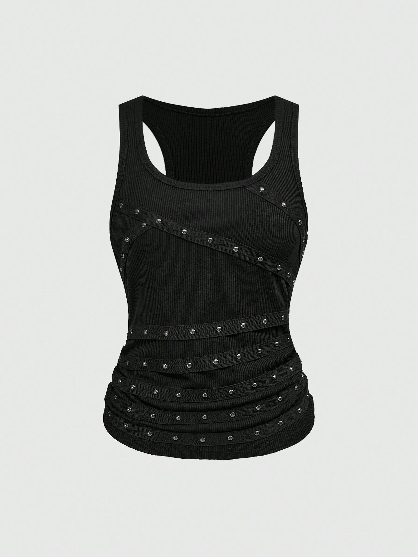 Grunge Punk Sleeveless Black Tank Top with Studded Rhinestones XS S M XS-S-M-