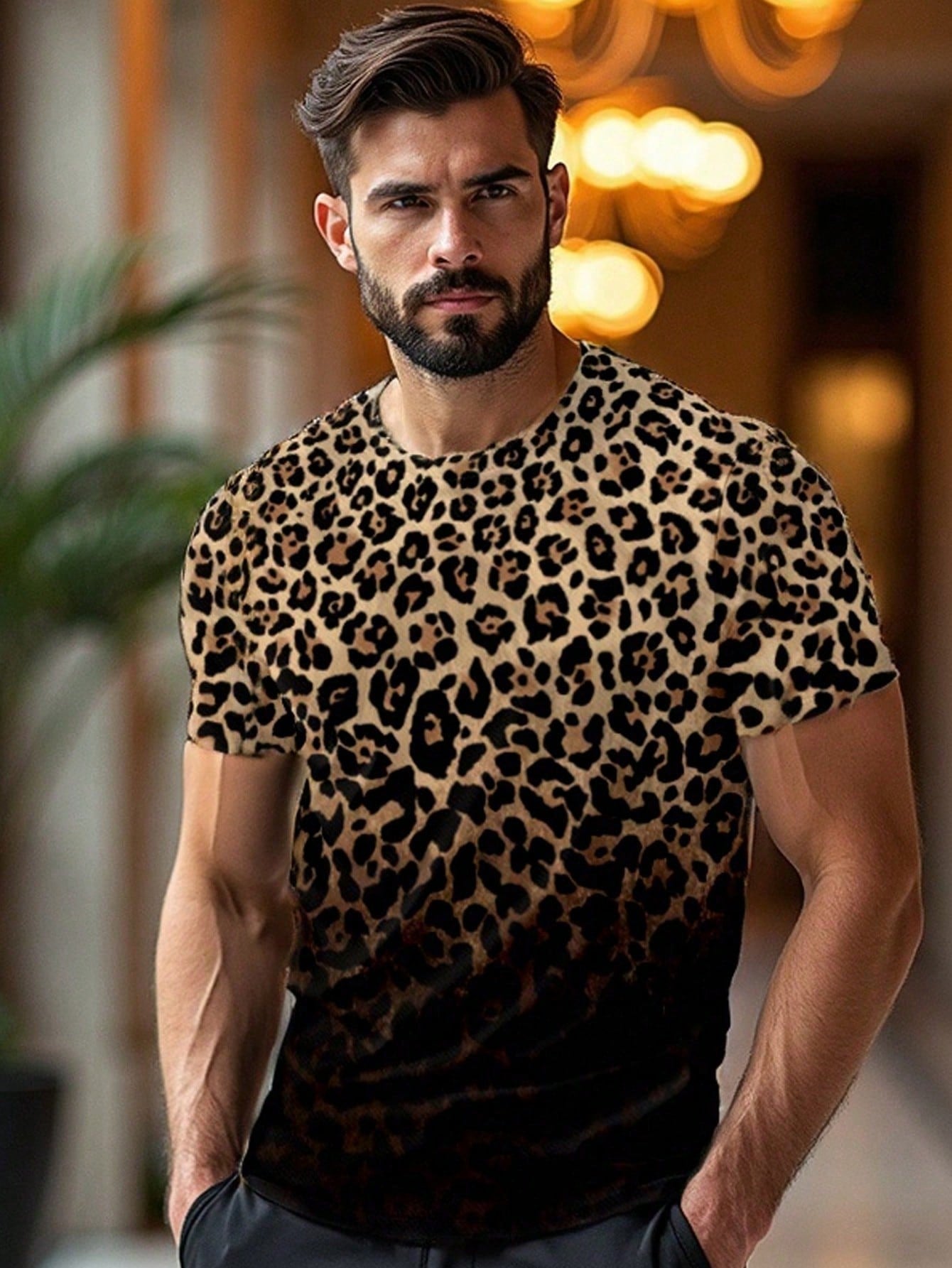 Plus Size Men's Loose Knit Leopard Gradient Print T-Shirt 2XL 3XL 4XL 2XL-3XL-4XL-5XL-6XL-