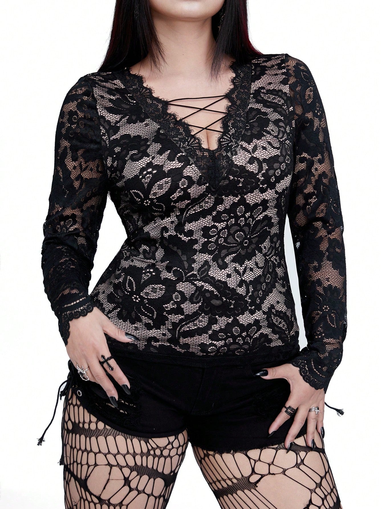 Plus Size Gothic Punk Long Sleeve Ruffle Trim Fitted T-Shirt for Casual Daily Wear 0XL 1XL 2XL 0XL-1XL-2XL-3XL-4XL-