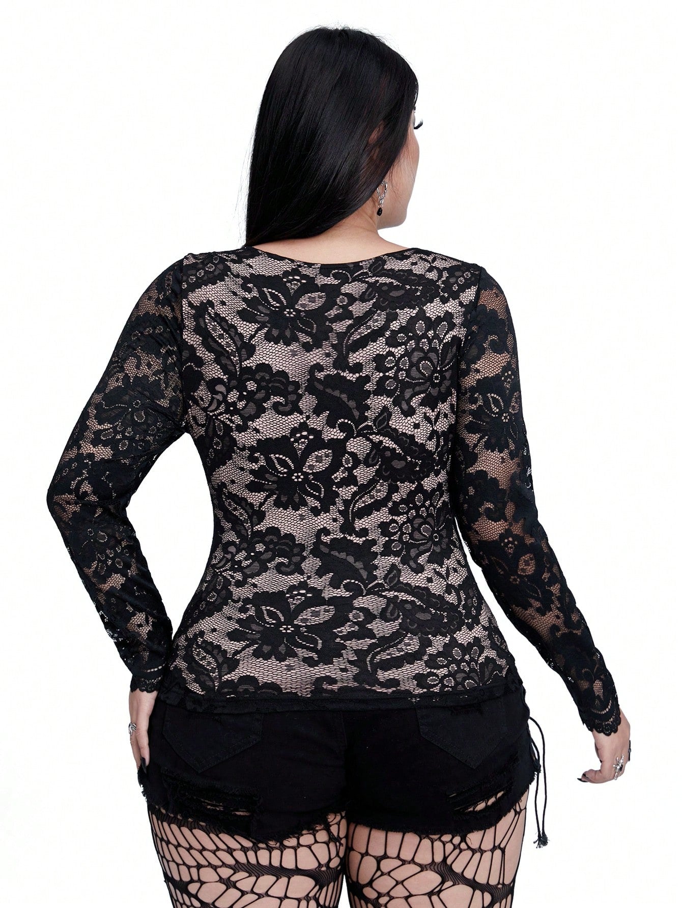 Plus Size Gothic Punk Long Sleeve Ruffle Trim Fitted T-Shirt for Casual Daily Wear 0XL 1XL 2XL 0XL-1XL-2XL-3XL-4XL-