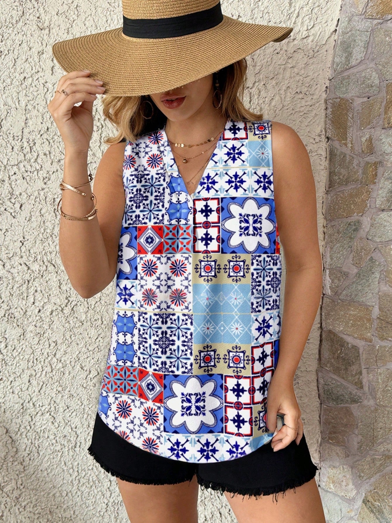 Elegant Plus Size Boho Floral Blouse for Women - Perfect for Summer Blue