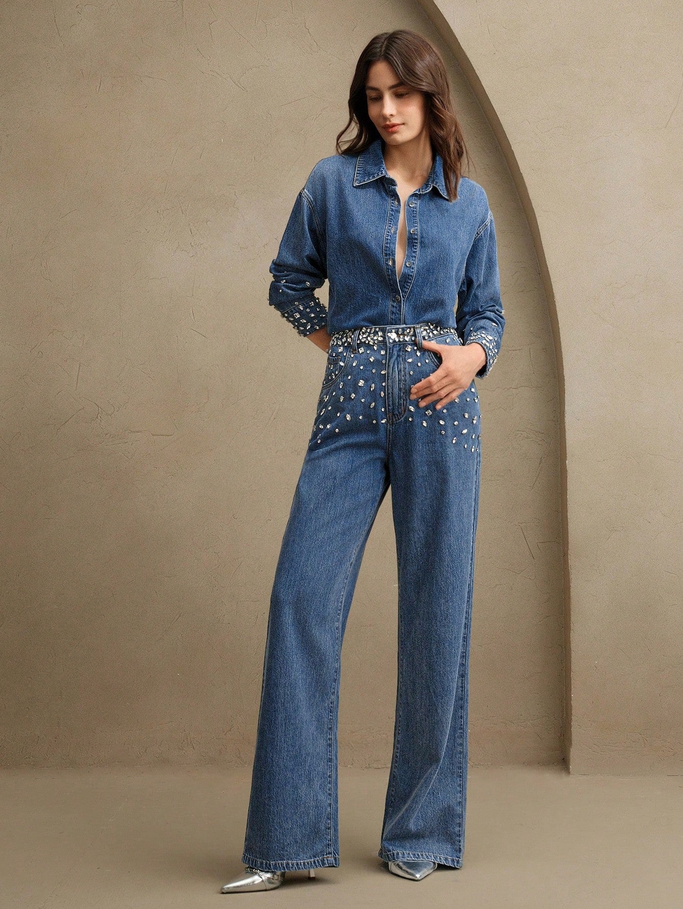 Elegant Women’s Rhinestone-Embellished Loose Straight Leg Jeans S M L S-M-L-XL-