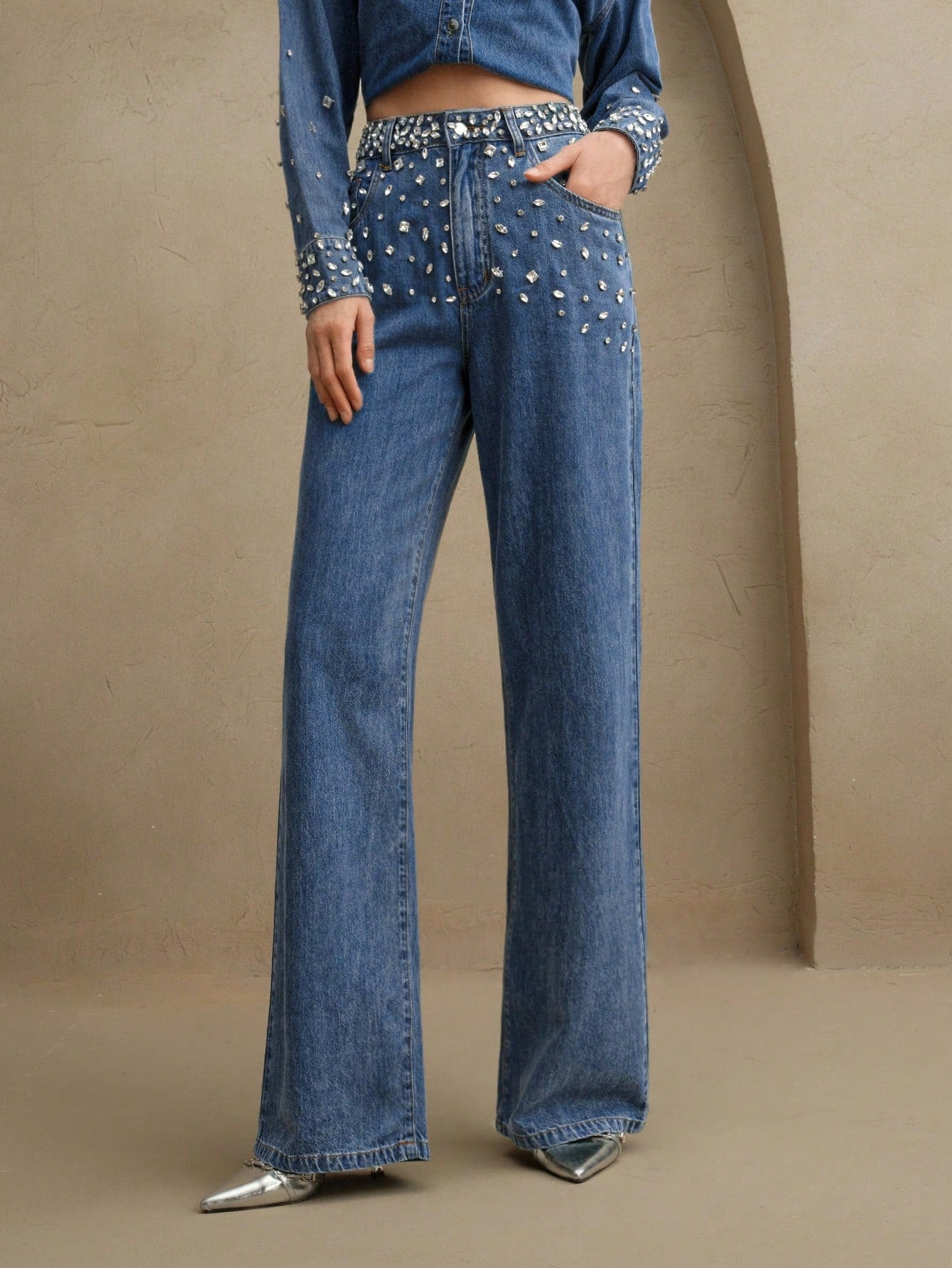 Elegant Women’s Rhinestone-Embellished Loose Straight Leg Jeans S M L S-M-L-XL-