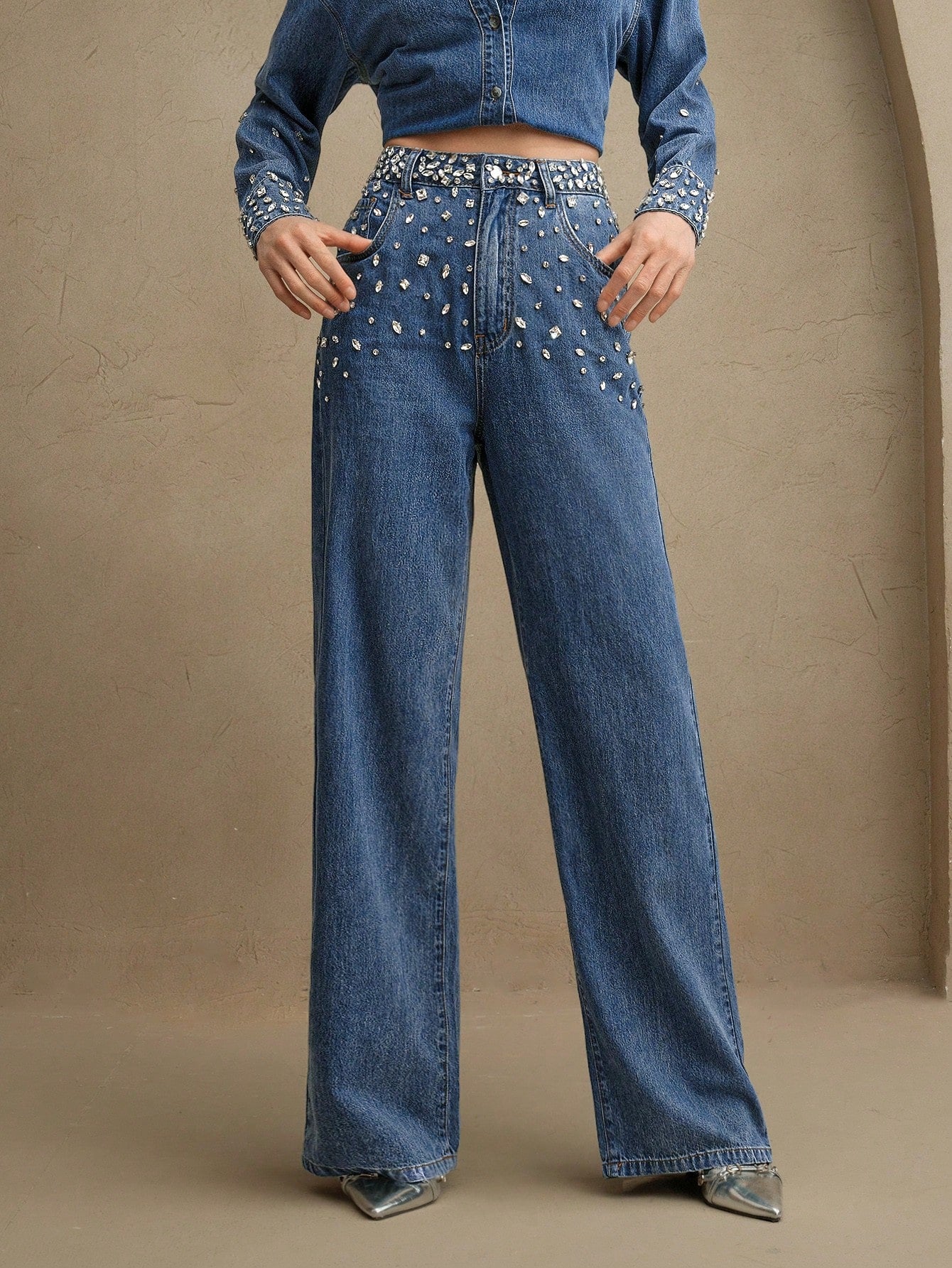 Elegant Women’s Rhinestone-Embellished Loose Straight Leg Jeans S M L S-M-L-XL-