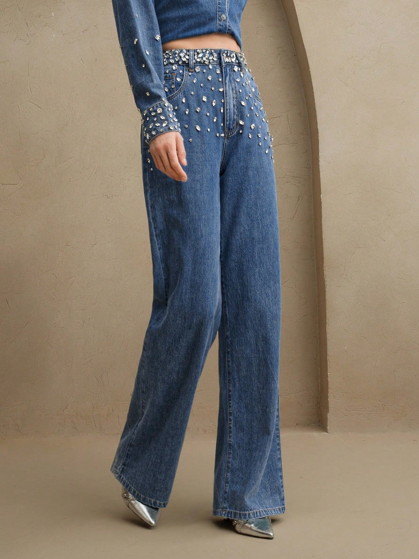 Elegant Women’s Rhinestone-Embellished Loose Straight Leg Jeans S M L S-M-L-XL-