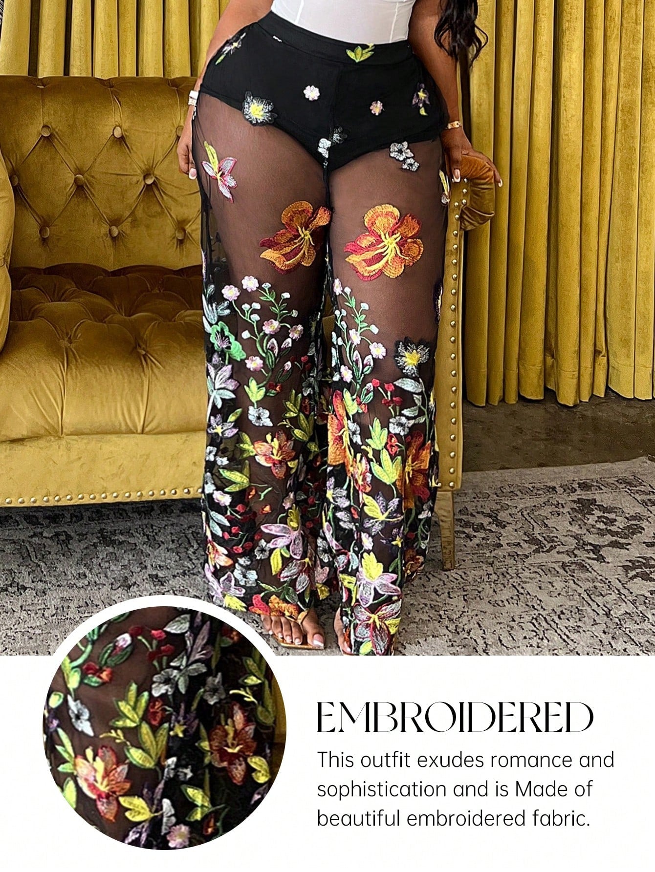 Elegant Plus Size High Waist Lace Mesh Embroidered Trousers 0XL 1XL 2XL 0XL-1XL-2XL-3XL-