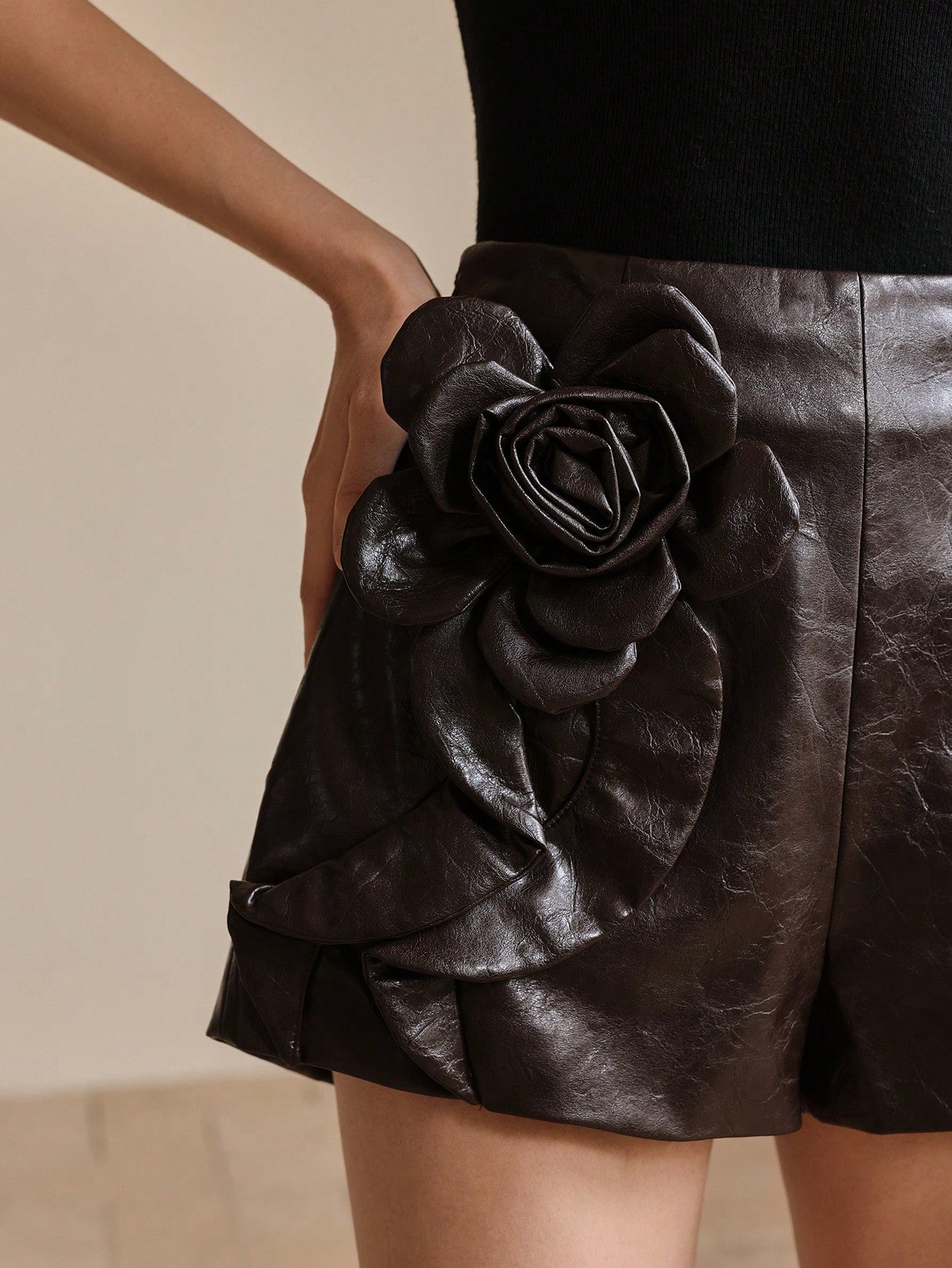 Elegant 3D Floral Applique PU Leather Shorts for Women - Perfect Fall & Winter Outfit Chocolate Brown / S Chocolate Brown / M Chocolate Brown / L Chocolate Brown / S-Chocolate Brown / M-Chocolate Brown / L-Chocolate Brown / XL-Brown / S-Brown / M-Brown / L-Brown / XL-Burgundy / S-Burgundy / M-Burgundy / L-Burgundy / XL-
