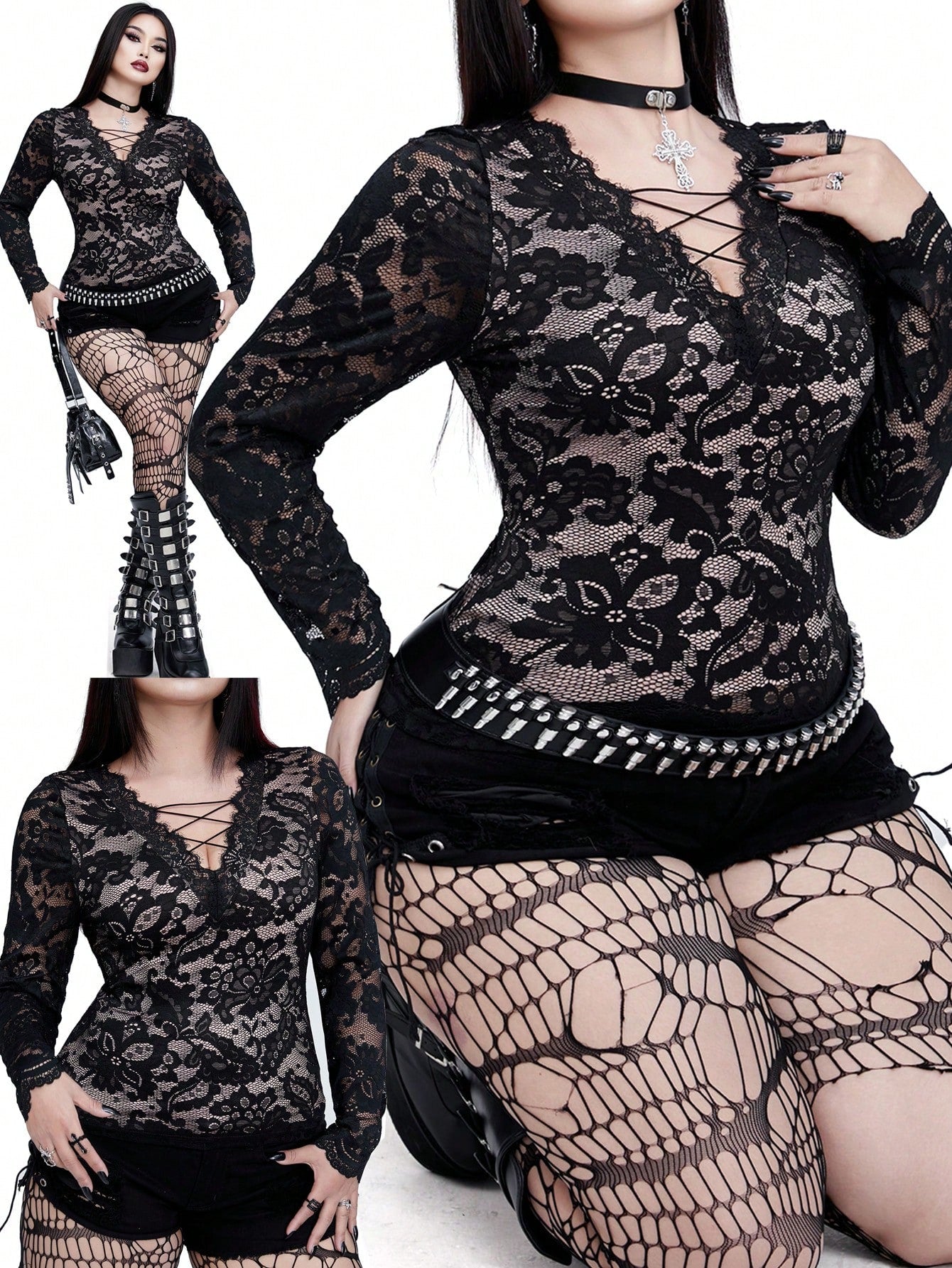 Plus Size Gothic Punk Long Sleeve Ruffle Trim Fitted T-Shirt for Casual Daily Wear 0XL 1XL 2XL 0XL-1XL-2XL-3XL-4XL-