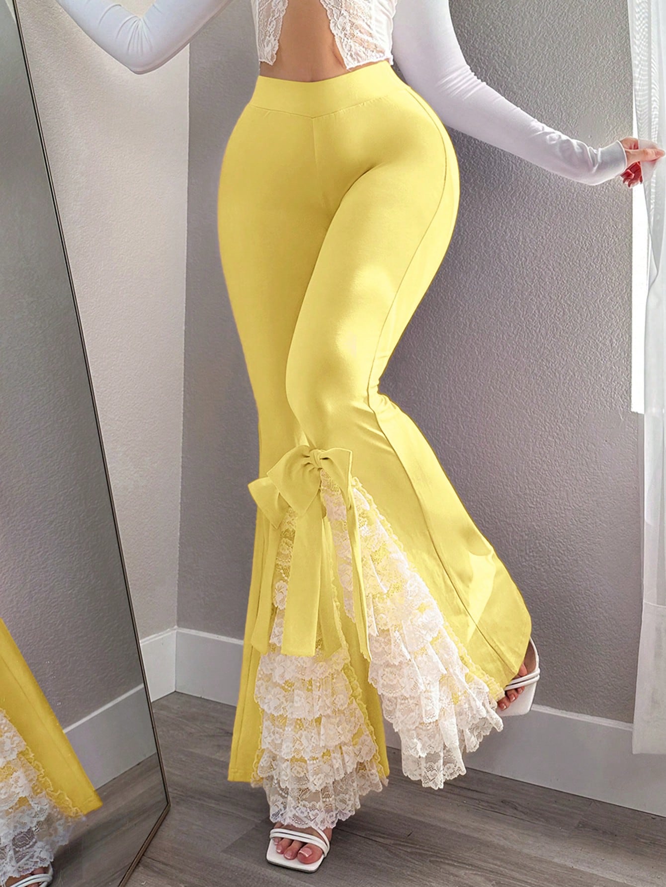 Ultra Low Rise Split Lace Maxi Pants with Bow Detail Blue / XS Blue / S Blue / M Blue / XS-Blue / S-Blue / M-Blue / L-Black / XS-Black / S-Black / M-Black / L-Pink / XS-Pink / S-Pink / M-Pink / L-