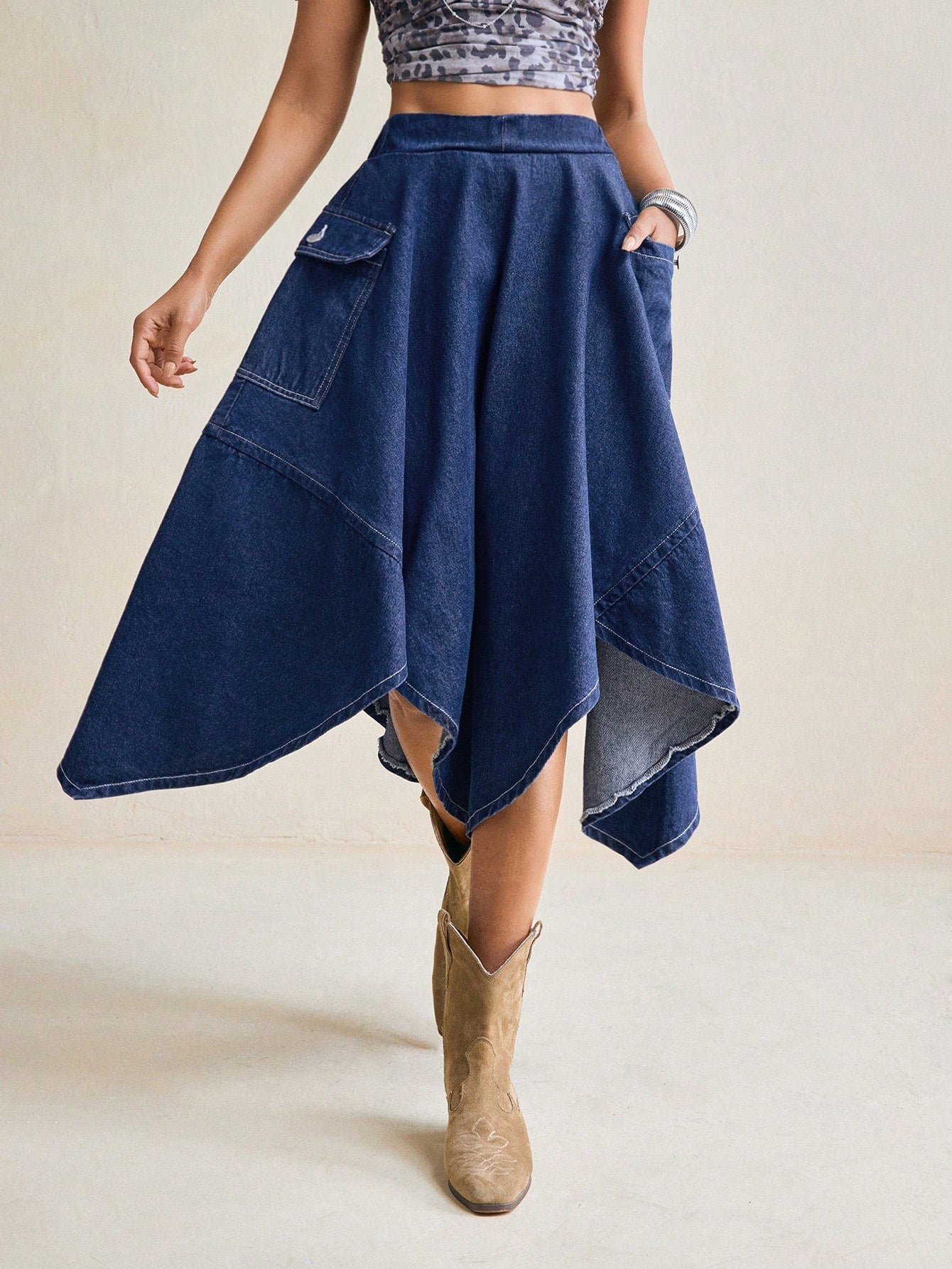 Asymmetric Denim Skirt with Patch Pockets and Elastic Waist for Effortless Casual Style XS S M XS-S-M-L-
