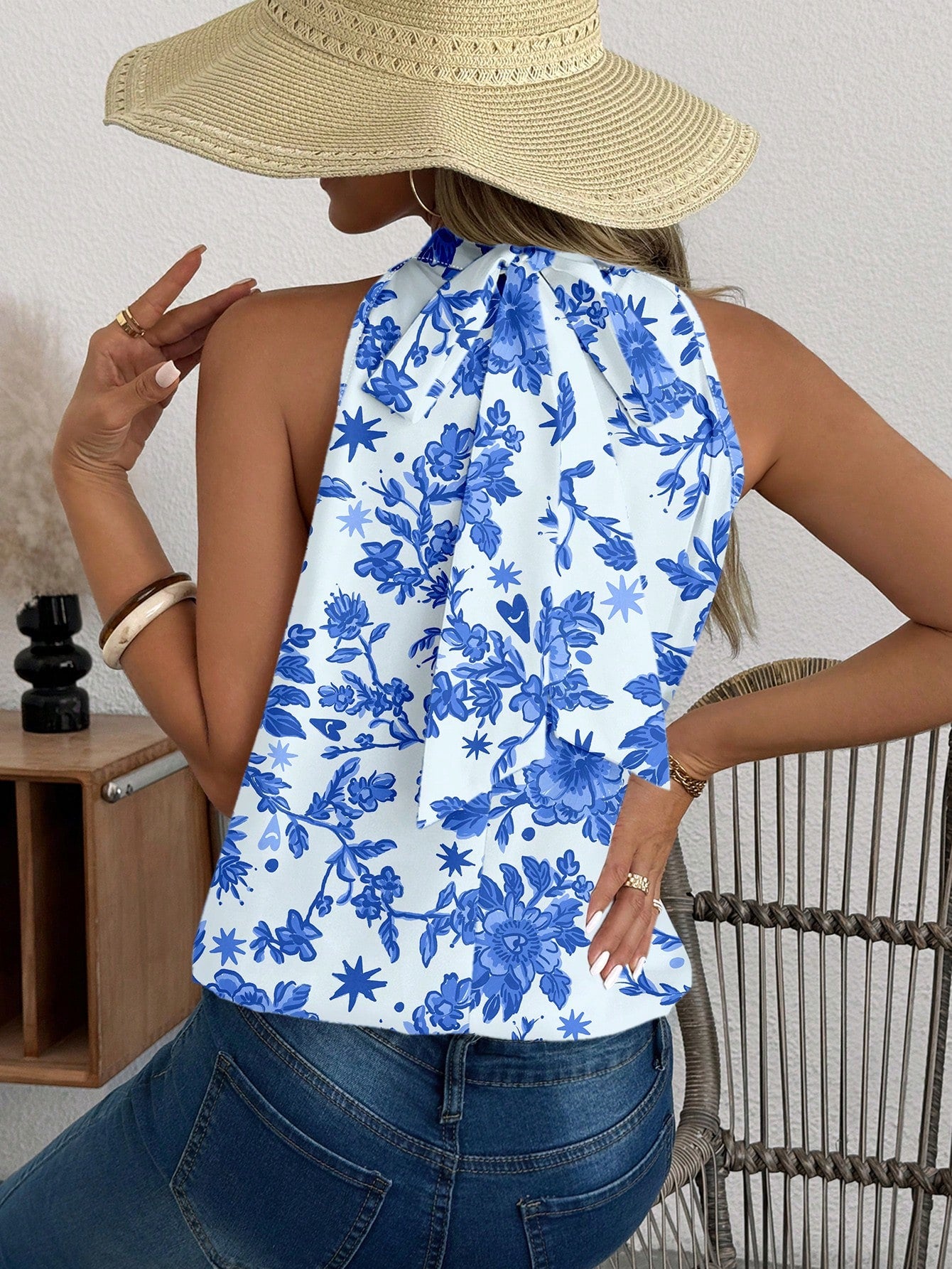 Vibrant Blue Floral Print Sleeveless Blouse for Women - Perfect Spring Blue and White