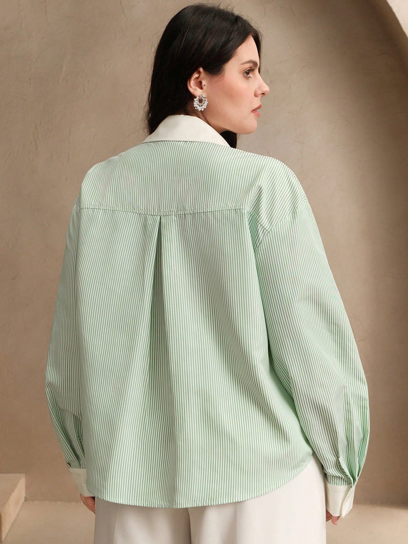 Chic Striped Long Sleeve Blouse with Pearl Rhinestone Eyes - Elegant Casual Top for Spring Blue / 1XL Blue / 2XL Blue / 3XL Blue / 1XL-Blue / 2XL-Blue / 3XL-Blue / 4XL-Green / 1XL-Green / 2XL-Green / 3XL-Green / 4XL-