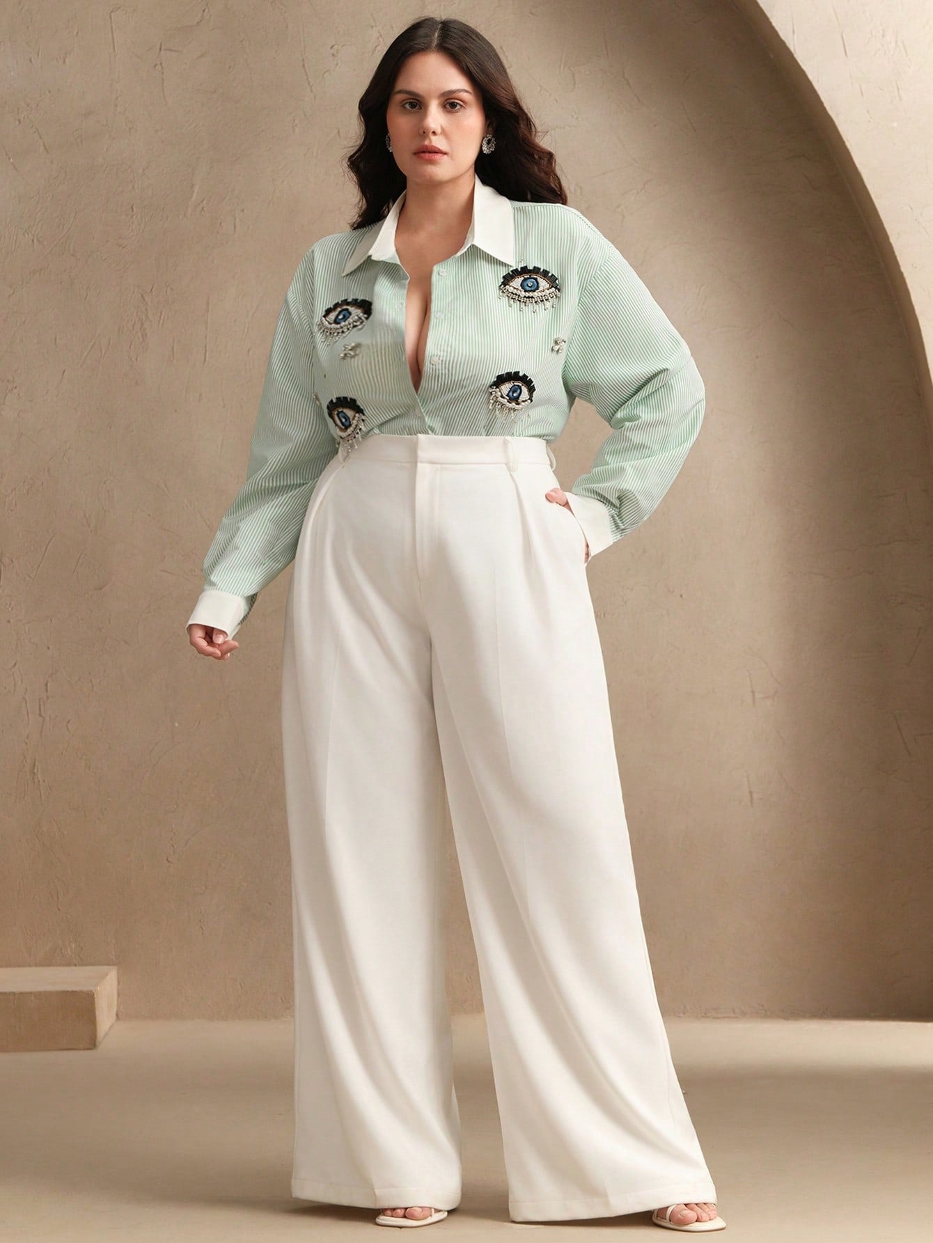 Chic Striped Long Sleeve Blouse with Pearl Rhinestone Eyes - Elegant Casual Top for Spring Blue / 1XL Blue / 2XL Blue / 3XL Blue / 1XL-Blue / 2XL-Blue / 3XL-Blue / 4XL-Green / 1XL-Green / 2XL-Green / 3XL-Green / 4XL-