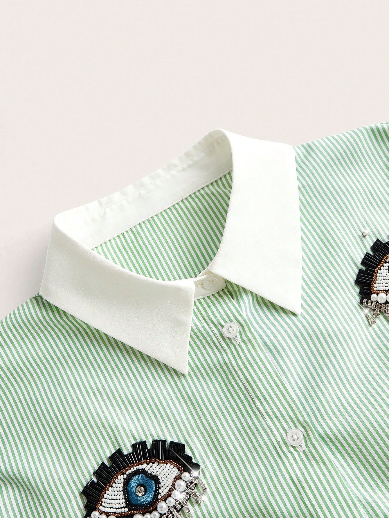 Chic Striped Long Sleeve Blouse with Pearl Rhinestone Eyes - Elegant Casual Top for Spring Blue / 1XL Blue / 2XL Blue / 3XL Blue / 1XL-Blue / 2XL-Blue / 3XL-Blue / 4XL-Green / 1XL-Green / 2XL-Green / 3XL-Green / 4XL-