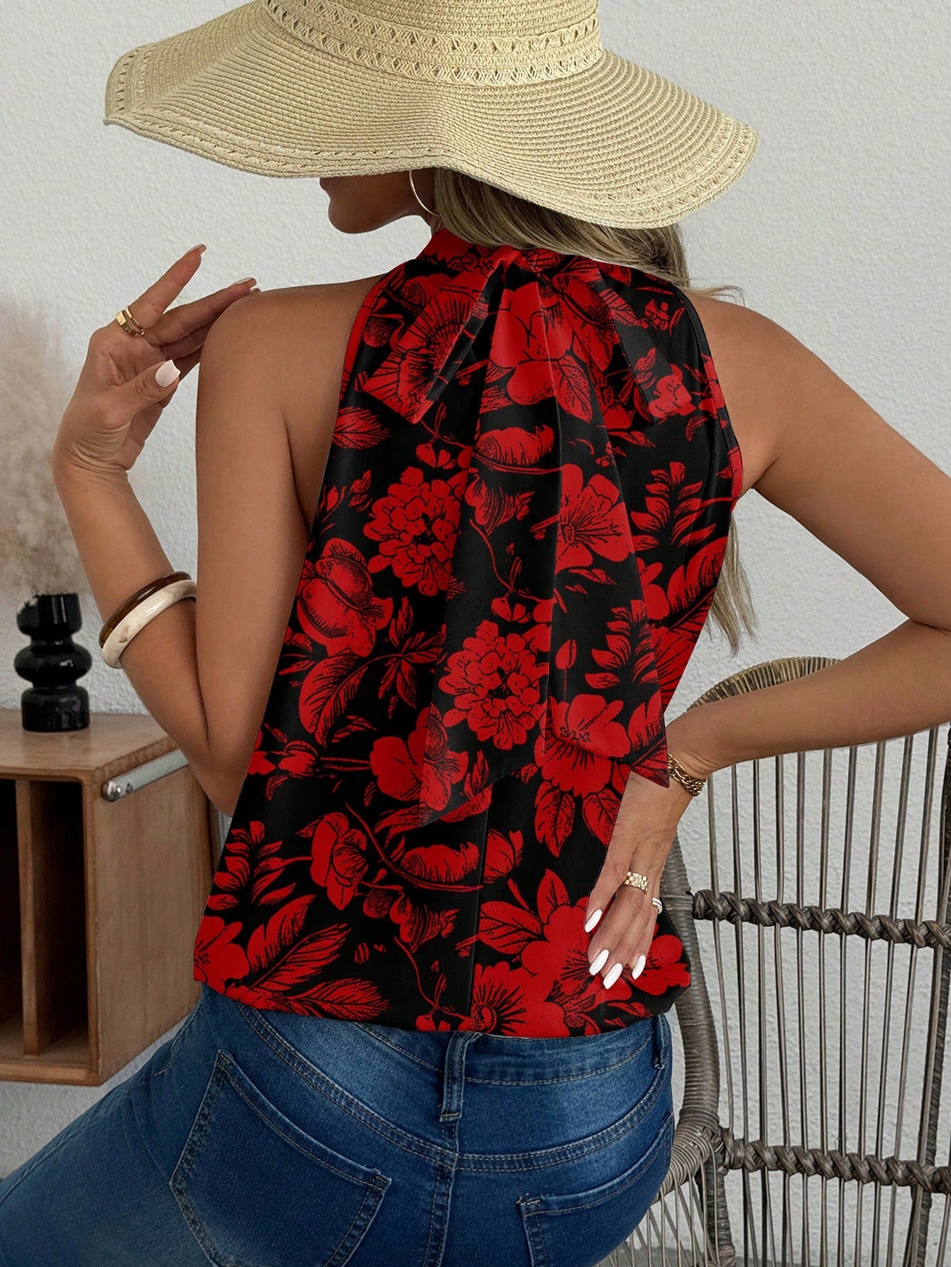 Vibrant Blue Floral Print Sleeveless Blouse for Women - Perfect Spring Red and Black