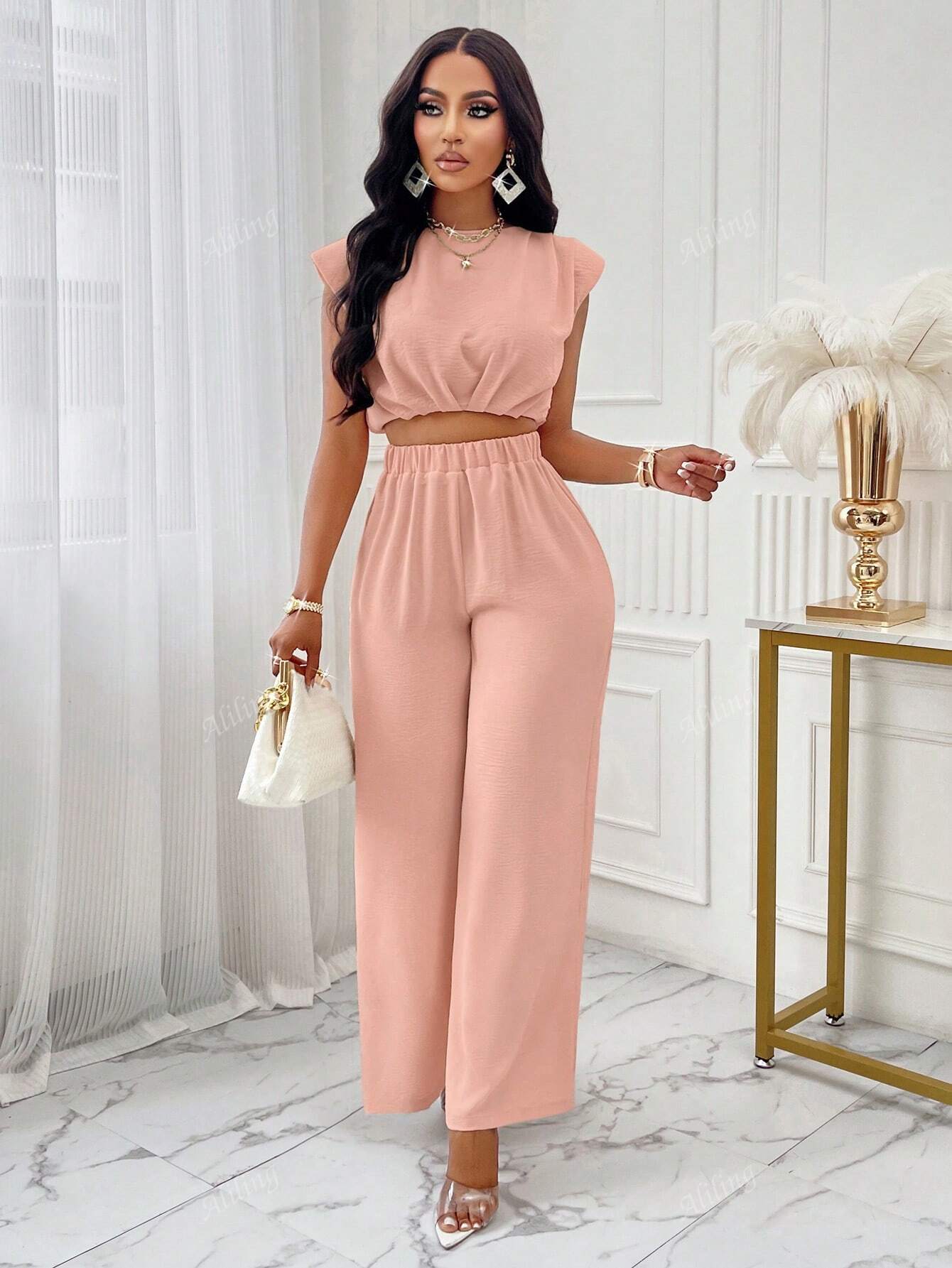 Women’s Cropped Top and Wide Leg Pants Set with Shoulder Pads Apricot / S Apricot / M Apricot / L Apricot / S-Apricot / M-Apricot / L-Apricot / XL-Orange / S-Orange / M-Orange / L-Orange / XL-Black / S-Black / M-Black / L-Black / XL-Pink / S-Pink / M-Pink / L-Pink / XL-Blue / S-Blue / M-Blue / L-Blue / XL-