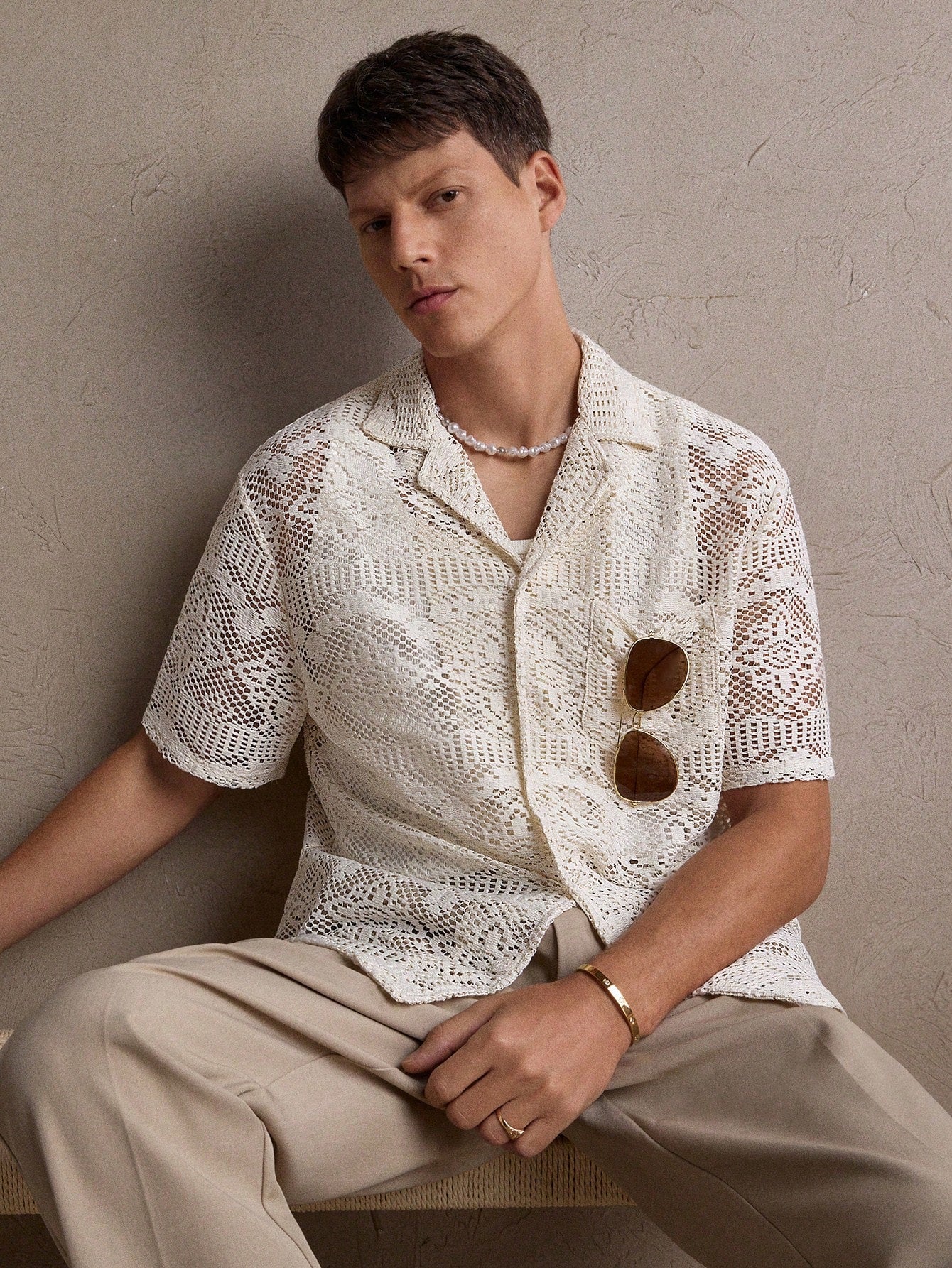 Men's Knit Crocheted Apricot Shirt - Perfect for Summer Weddings, Everyday Casual Wear S M L S-M-L-XL-