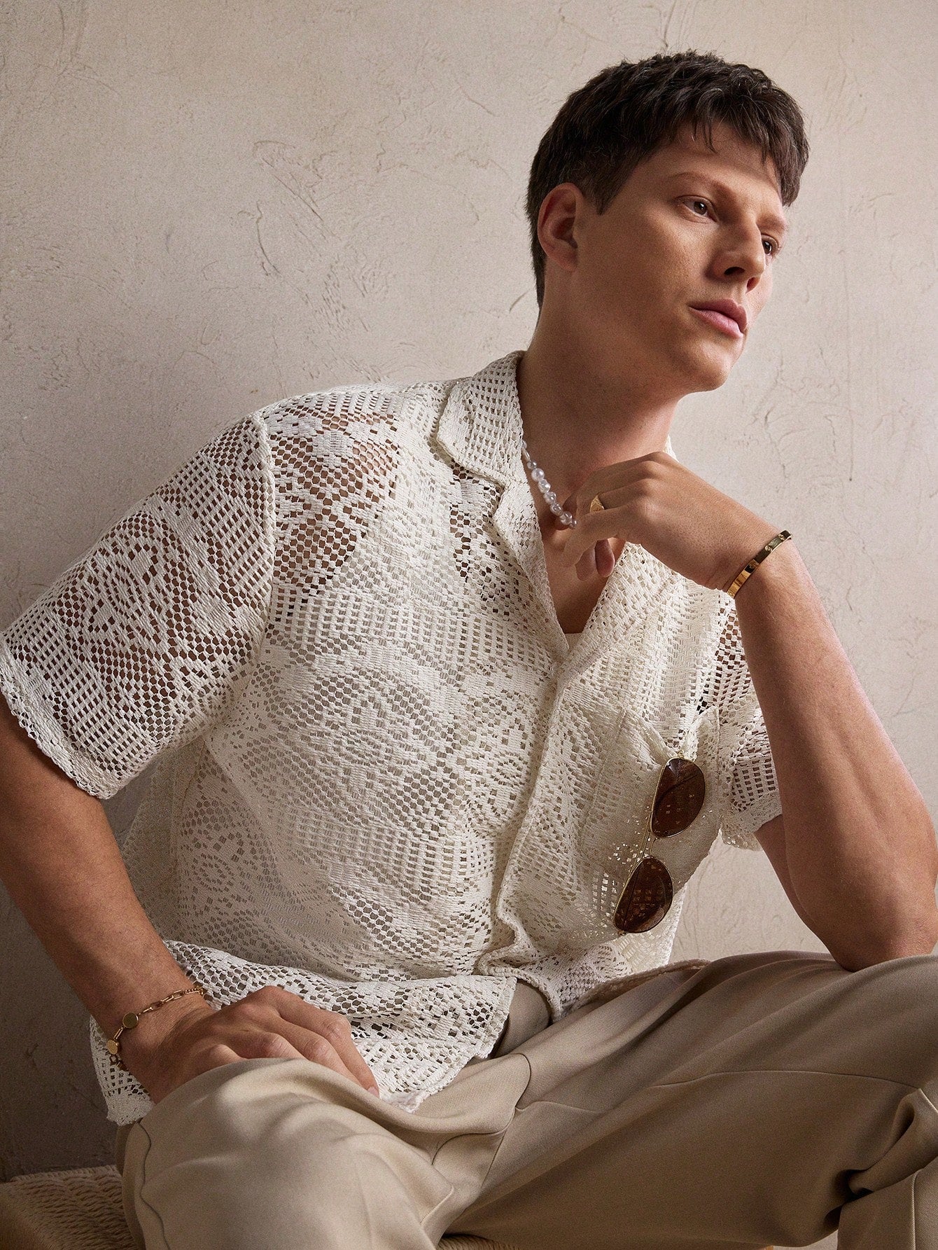 Men's Knit Crocheted Apricot Shirt - Perfect for Summer Weddings, Everyday Casual Wear S M L S-M-L-XL-