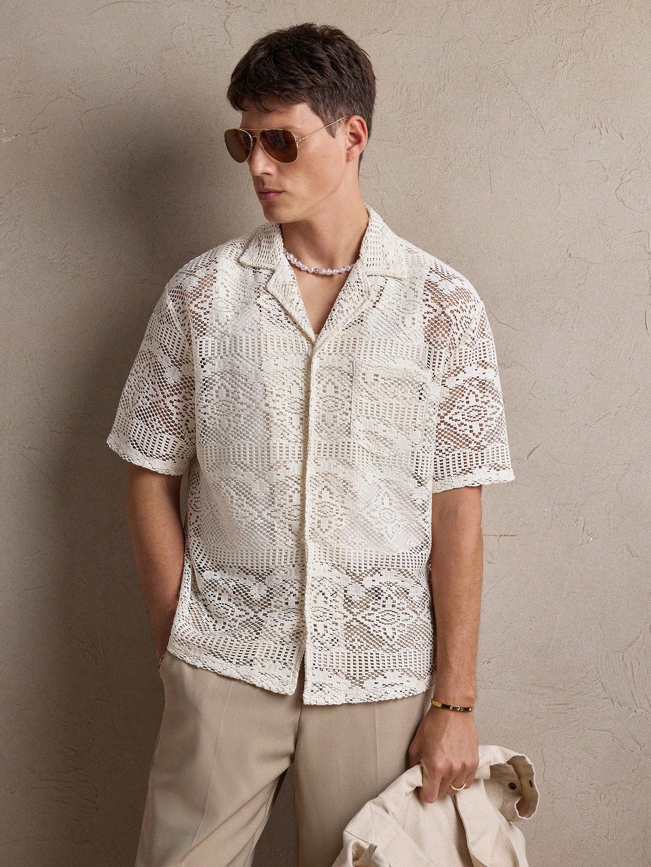 Men's Knit Crocheted Apricot Shirt - Perfect for Summer Weddings, Everyday Casual Wear S M L S-M-L-XL-