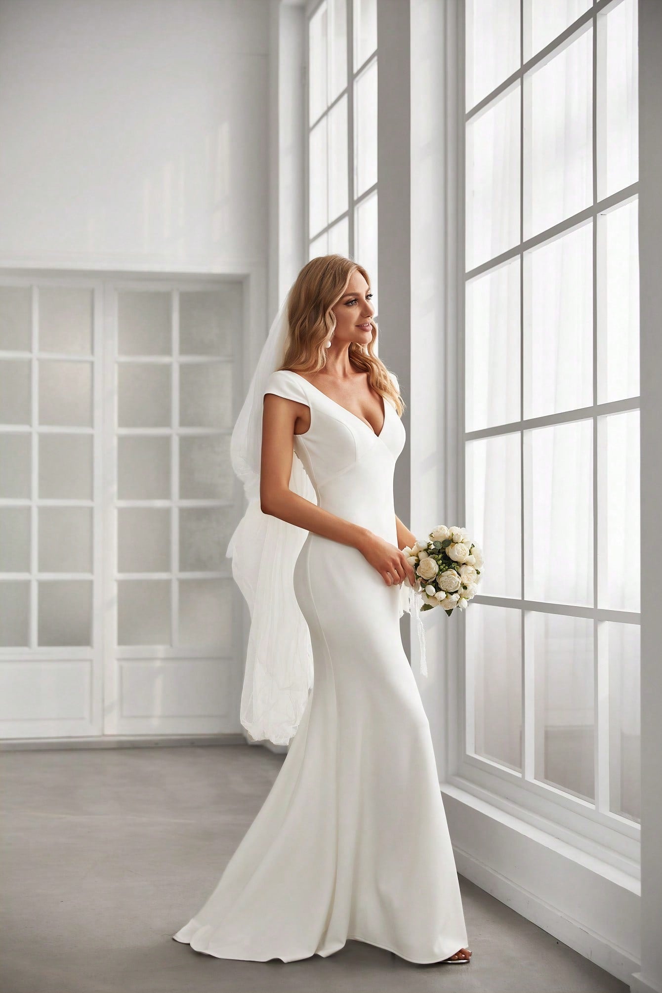 Elegant Minimalist Backless Wedding Dress with Lace Patchwork and V-Back Design