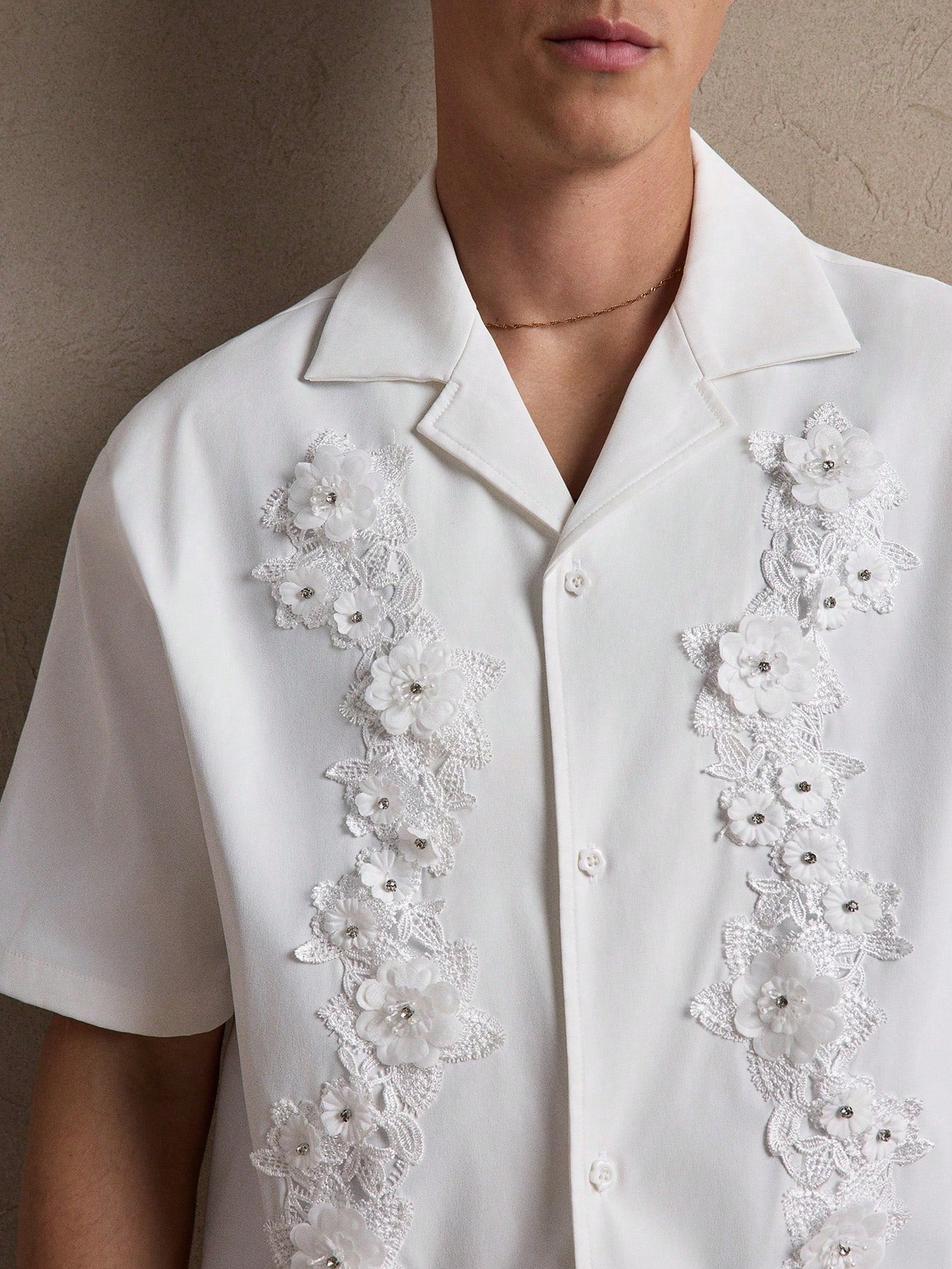 Men's White Floral Loose Shirt with Rhinestone Applique for Casual Spring S M L S-M-L-XL-