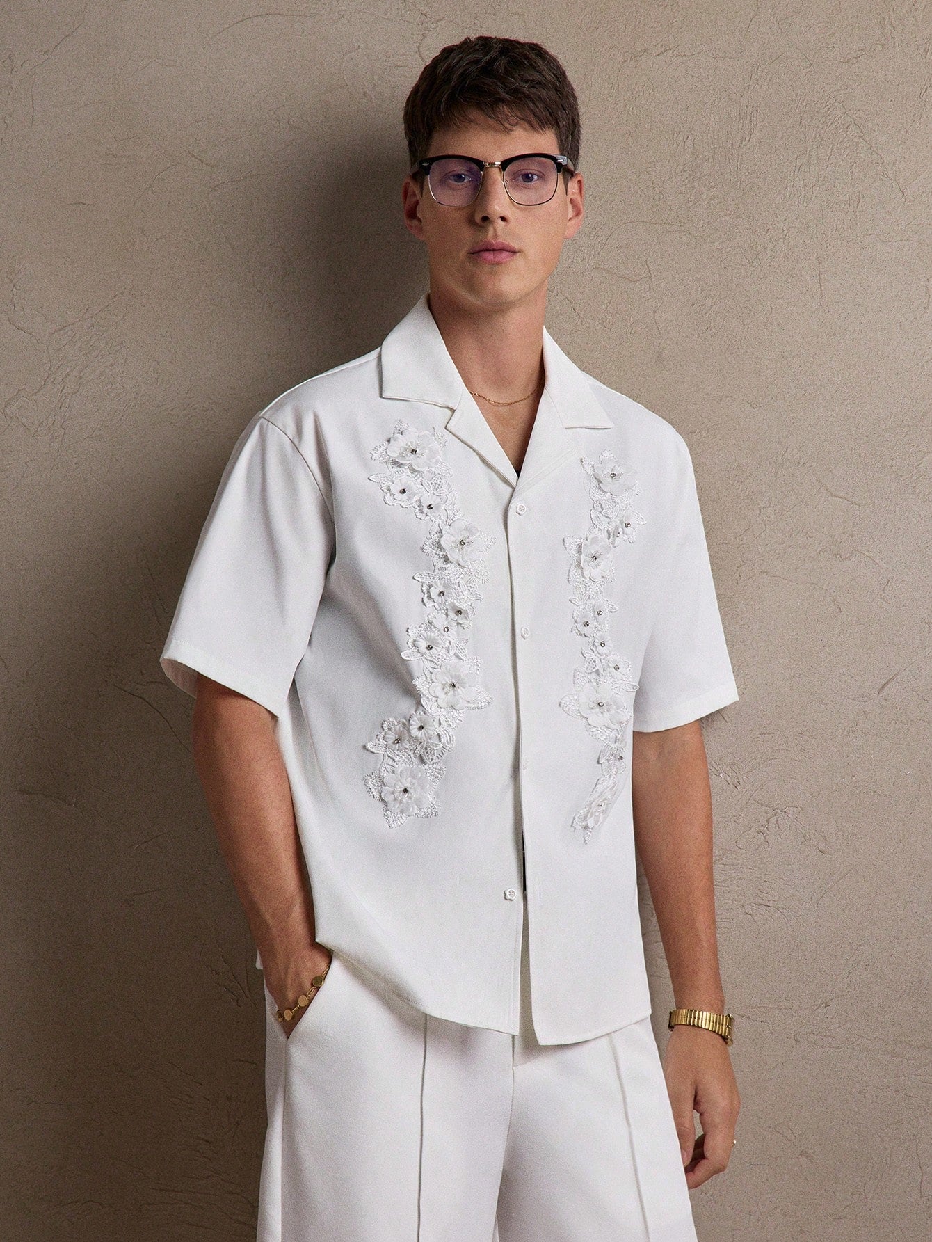 Men's White Floral Loose Shirt with Rhinestone Applique for Casual Spring S M L S-M-L-XL-