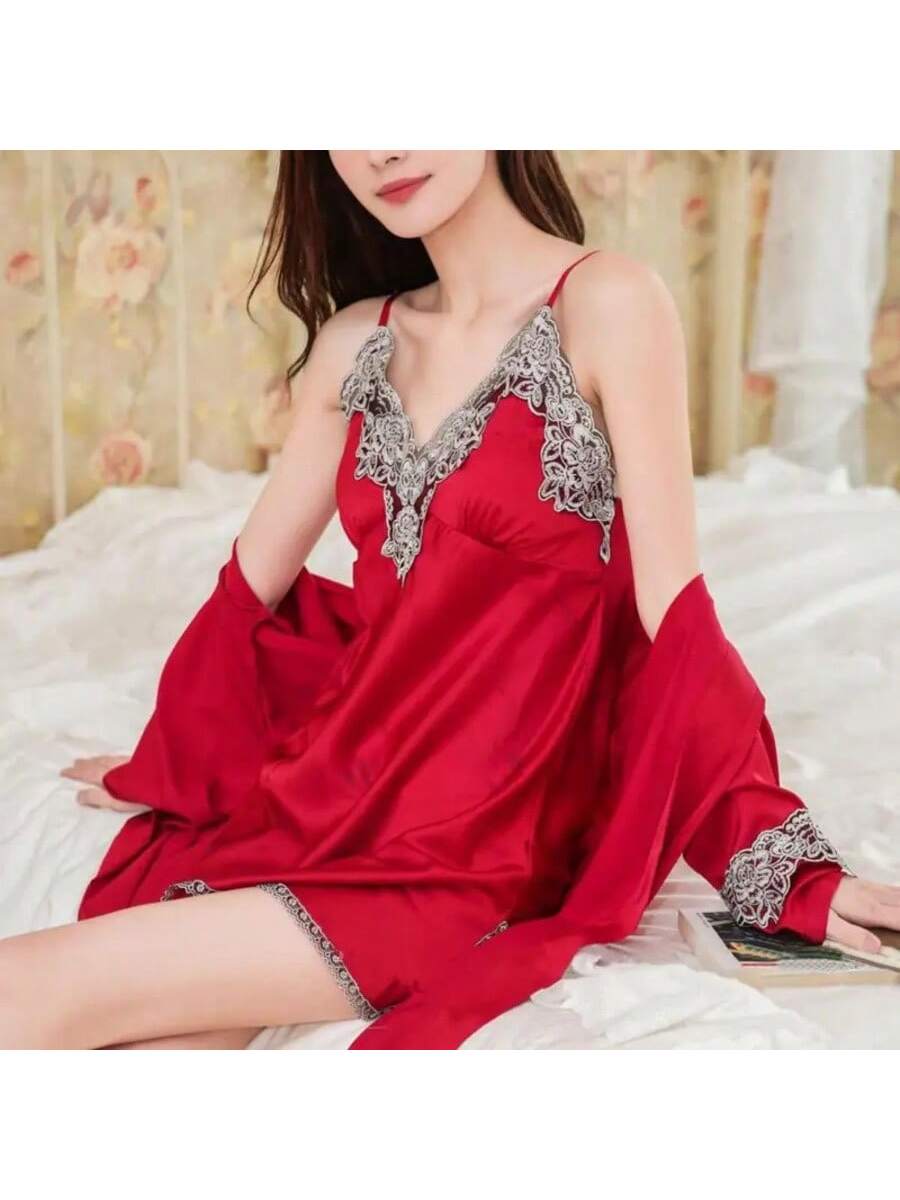 Elegant 5-Piece Women’s Satin Pajama Set with Lace Patchwork and Lace-Up Waist Pink / M Pink / L Pink / XL Pink / M-Pink / L-Pink / XL-Pink / 2XL-Black / M-Black / L-Black / XL-Black / 2XL-Red / M-Red / L-Red / XL-Red / 2XL-Green / M-Green / L-Green / XL-Green / 2XL-