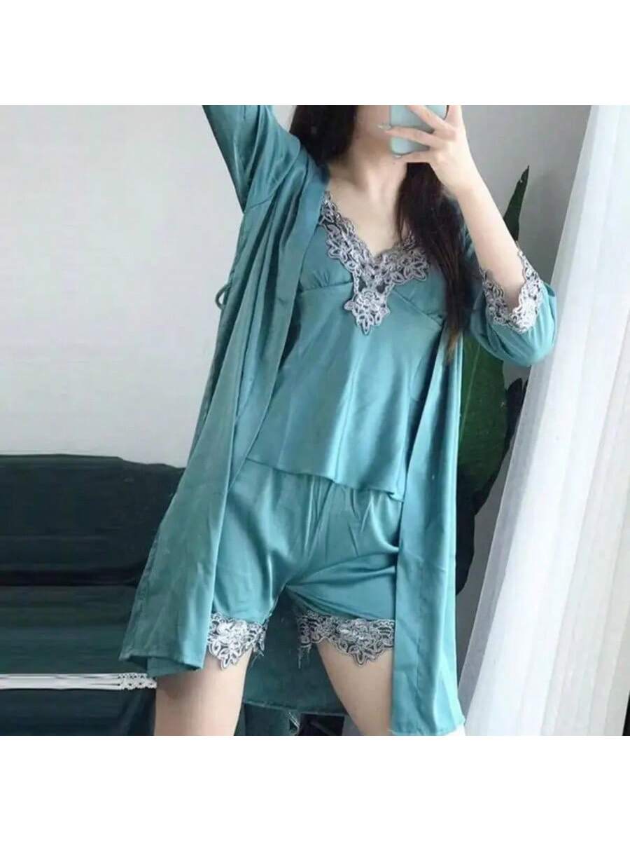 Elegant 5-Piece Women’s Satin Pajama Set with Lace Patchwork and Lace-Up Waist Pink / M Pink / L Pink / XL Pink / M-Pink / L-Pink / XL-Pink / 2XL-Black / M-Black / L-Black / XL-Black / 2XL-Red / M-Red / L-Red / XL-Red / 2XL-Green / M-Green / L-Green / XL-Green / 2XL-