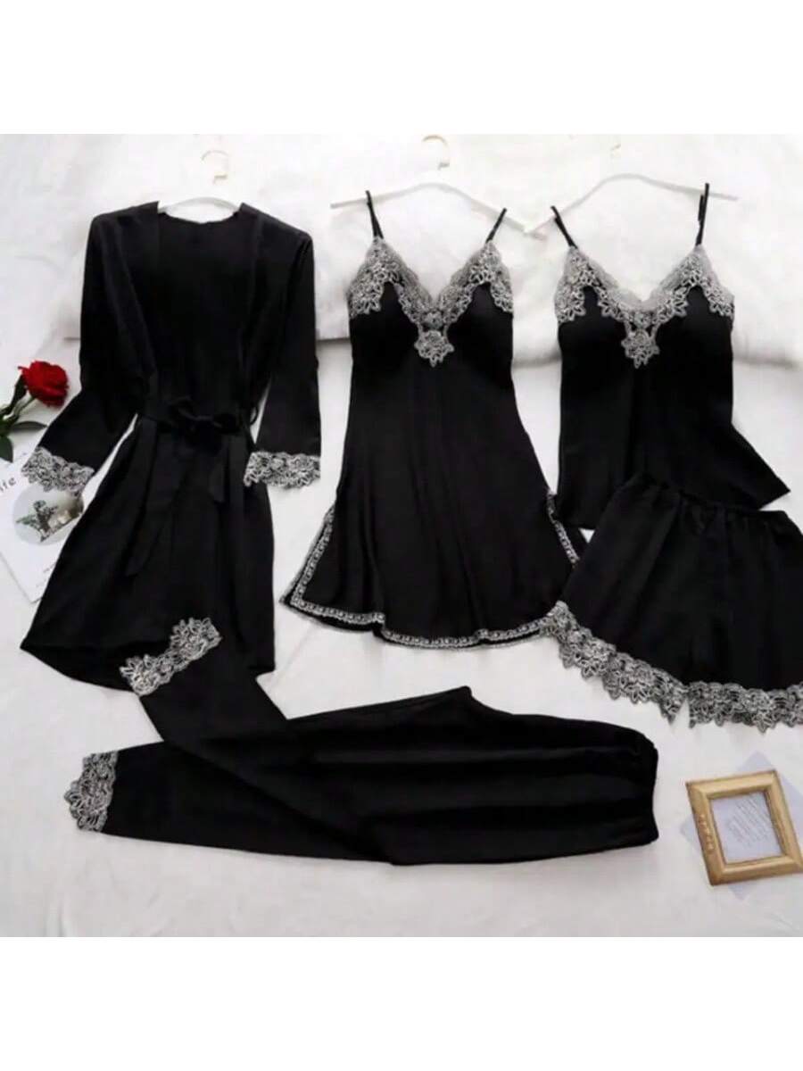 Elegant 5-Piece Women’s Satin Pajama Set with Lace Patchwork and Lace-Up Waist Pink / M Pink / L Pink / XL Pink / M-Pink / L-Pink / XL-Pink / 2XL-Black / M-Black / L-Black / XL-Black / 2XL-Red / M-Red / L-Red / XL-Red / 2XL-Green / M-Green / L-Green / XL-Green / 2XL-