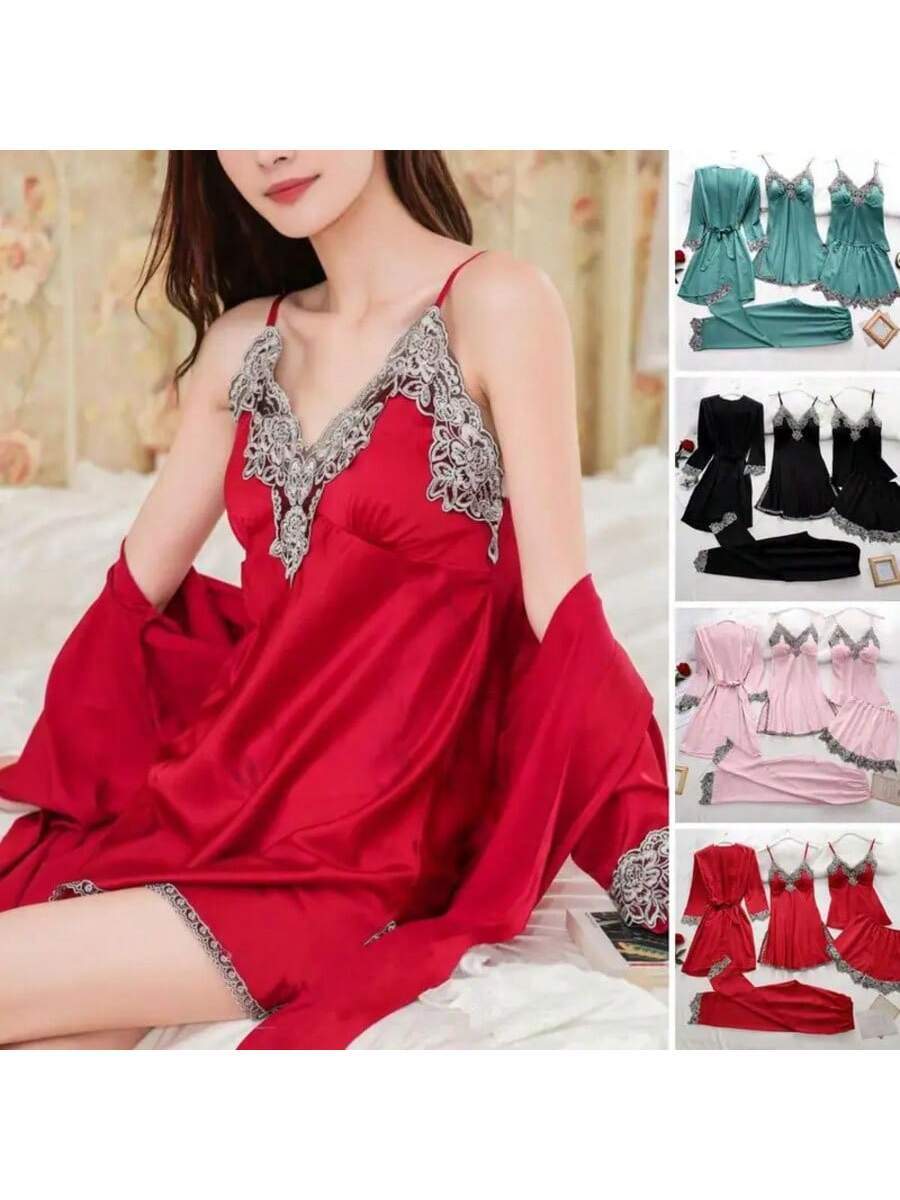 Elegant 5-Piece Women’s Satin Pajama Set with Lace Patchwork and Lace-Up Waist Pink / M Pink / L Pink / XL Pink / M-Pink / L-Pink / XL-Pink / 2XL-Black / M-Black / L-Black / XL-Black / 2XL-Red / M-Red / L-Red / XL-Red / 2XL-Green / M-Green / L-Green / XL-Green / 2XL-