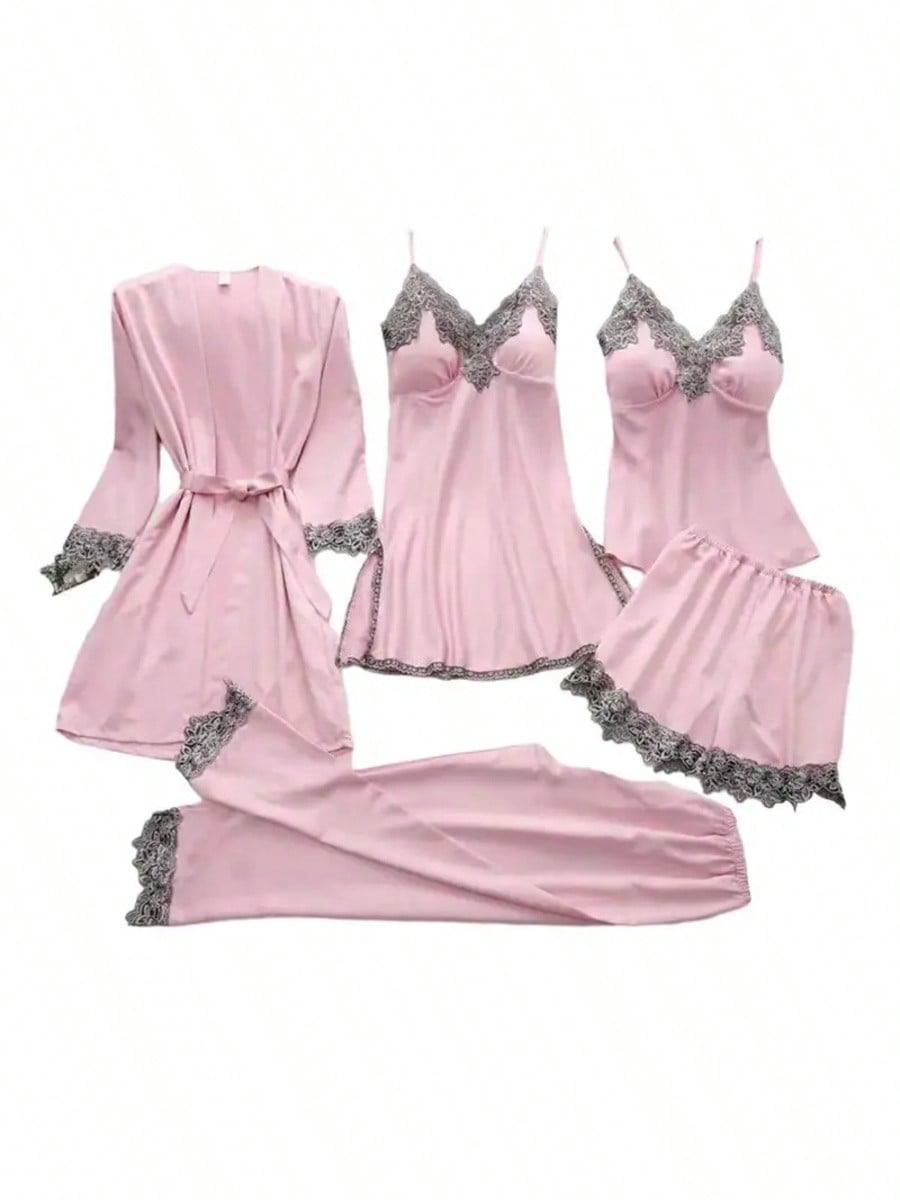 Elegant 5-Piece Women’s Satin Pajama Set with Lace Patchwork and Lace-Up Waist Pink / M Pink / L Pink / XL Pink / M-Pink / L-Pink / XL-Pink / 2XL-Black / M-Black / L-Black / XL-Black / 2XL-Red / M-Red / L-Red / XL-Red / 2XL-Green / M-Green / L-Green / XL-Green / 2XL-