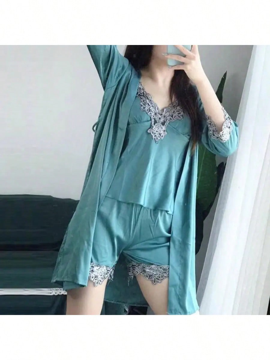 Elegant 5-Piece Women’s Satin Pajama Set with Lace Patchwork and Lace-Up Waist Pink / M Pink / L Pink / XL Pink / M-Pink / L-Pink / XL-Pink / 2XL-Black / M-Black / L-Black / XL-Black / 2XL-Red / M-Red / L-Red / XL-Red / 2XL-Green / M-Green / L-Green / XL-Green / 2XL-