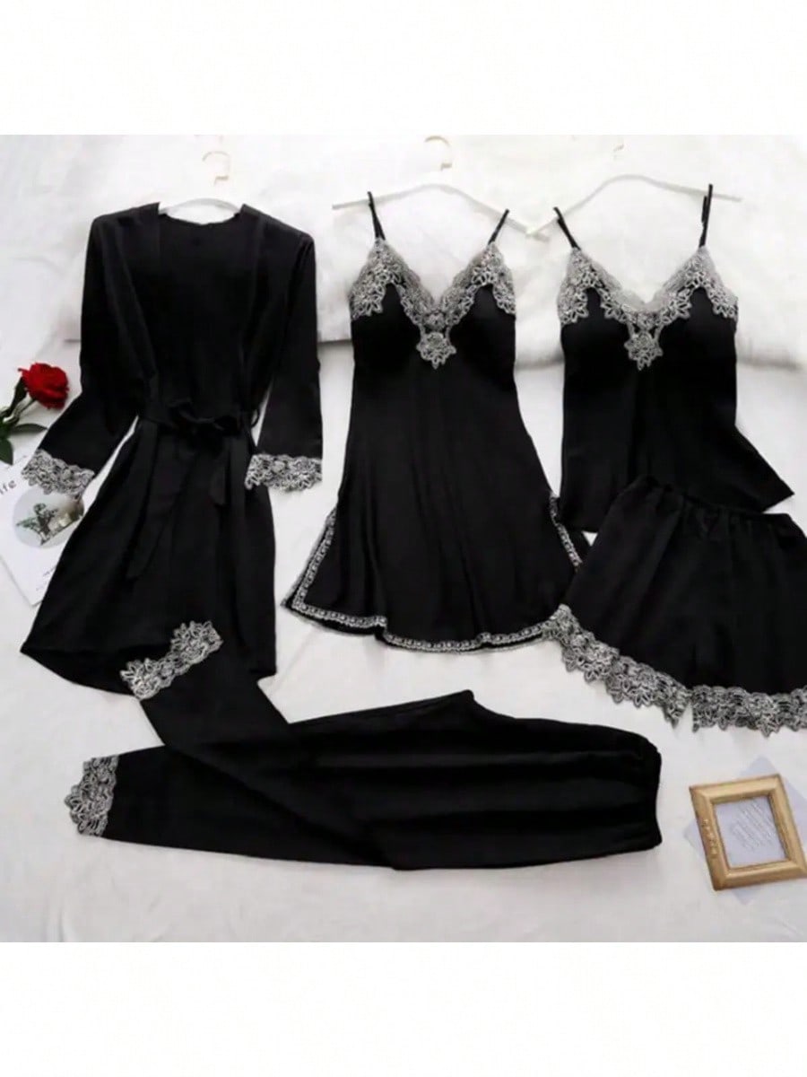 Elegant 5-Piece Women’s Satin Pajama Set with Lace Patchwork and Lace-Up Waist Pink / M Pink / L Pink / XL Pink / M-Pink / L-Pink / XL-Pink / 2XL-Black / M-Black / L-Black / XL-Black / 2XL-Red / M-Red / L-Red / XL-Red / 2XL-Green / M-Green / L-Green / XL-Green / 2XL-