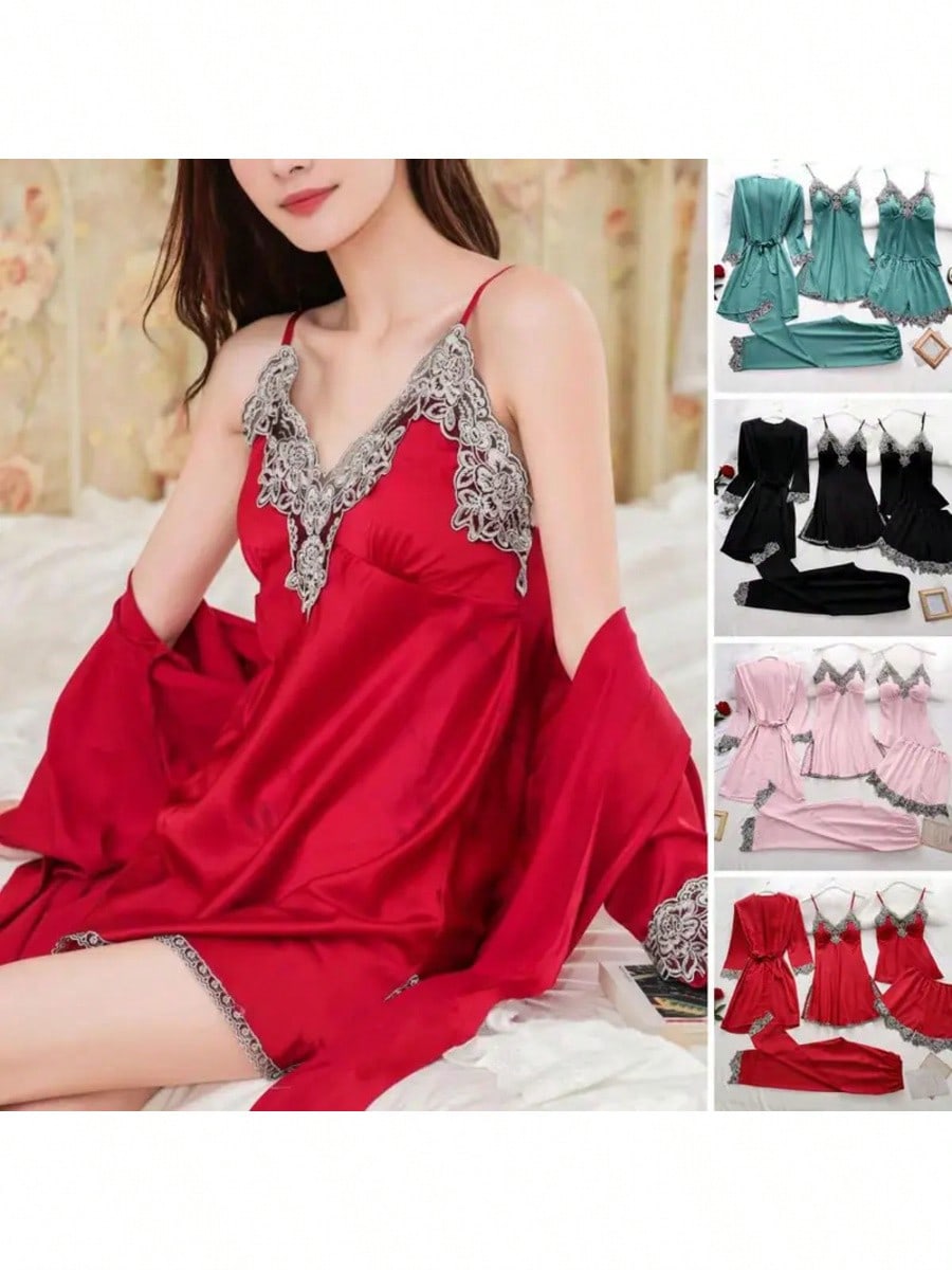 Elegant 5-Piece Women’s Satin Pajama Set with Lace Patchwork and Lace-Up Waist Pink / M Pink / L Pink / XL Pink / M-Pink / L-Pink / XL-Pink / 2XL-Black / M-Black / L-Black / XL-Black / 2XL-Red / M-Red / L-Red / XL-Red / 2XL-Green / M-Green / L-Green / XL-Green / 2XL-