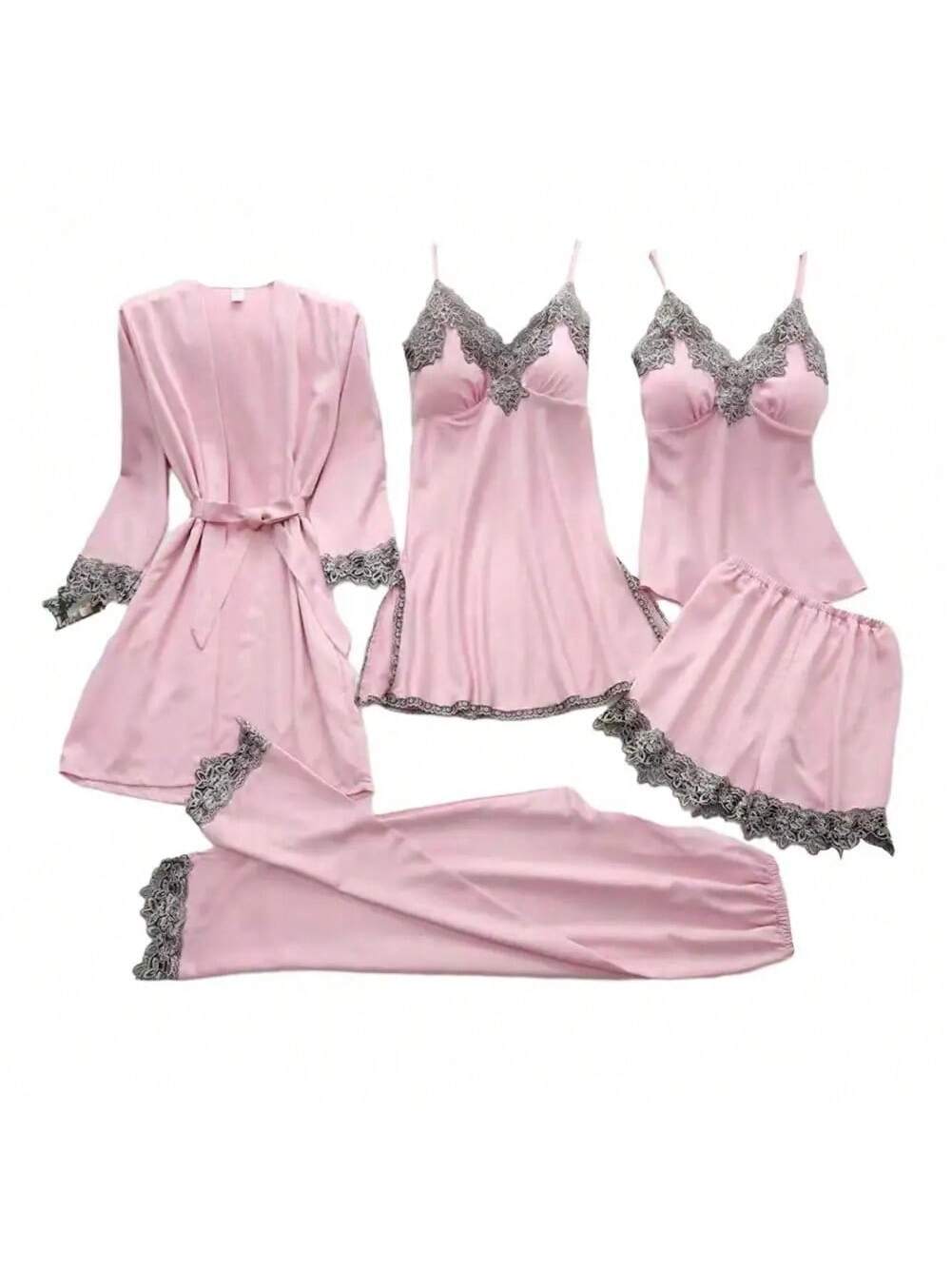 Elegant 5-Piece Women’s Satin Pajama Set with Lace Patchwork and Lace-Up Waist Pink / M Pink / L Pink / XL Pink / M-Pink / L-Pink / XL-Pink / 2XL-Black / M-Black / L-Black / XL-Black / 2XL-Red / M-Red / L-Red / XL-Red / 2XL-Green / M-Green / L-Green / XL-Green / 2XL-