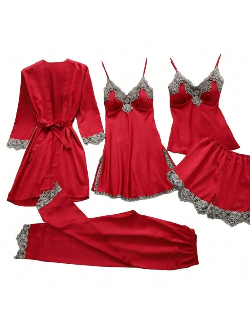 Elegant 5-Piece Women’s Satin Pajama Set with Lace Patchwork and Lace-Up Waist Pink / M Pink / L Pink / XL Pink / M-Pink / L-Pink / XL-Pink / 2XL-Black / M-Black / L-Black / XL-Black / 2XL-Red / M-Red / L-Red / XL-Red / 2XL-Green / M-Green / L-Green / XL-Green / 2XL-