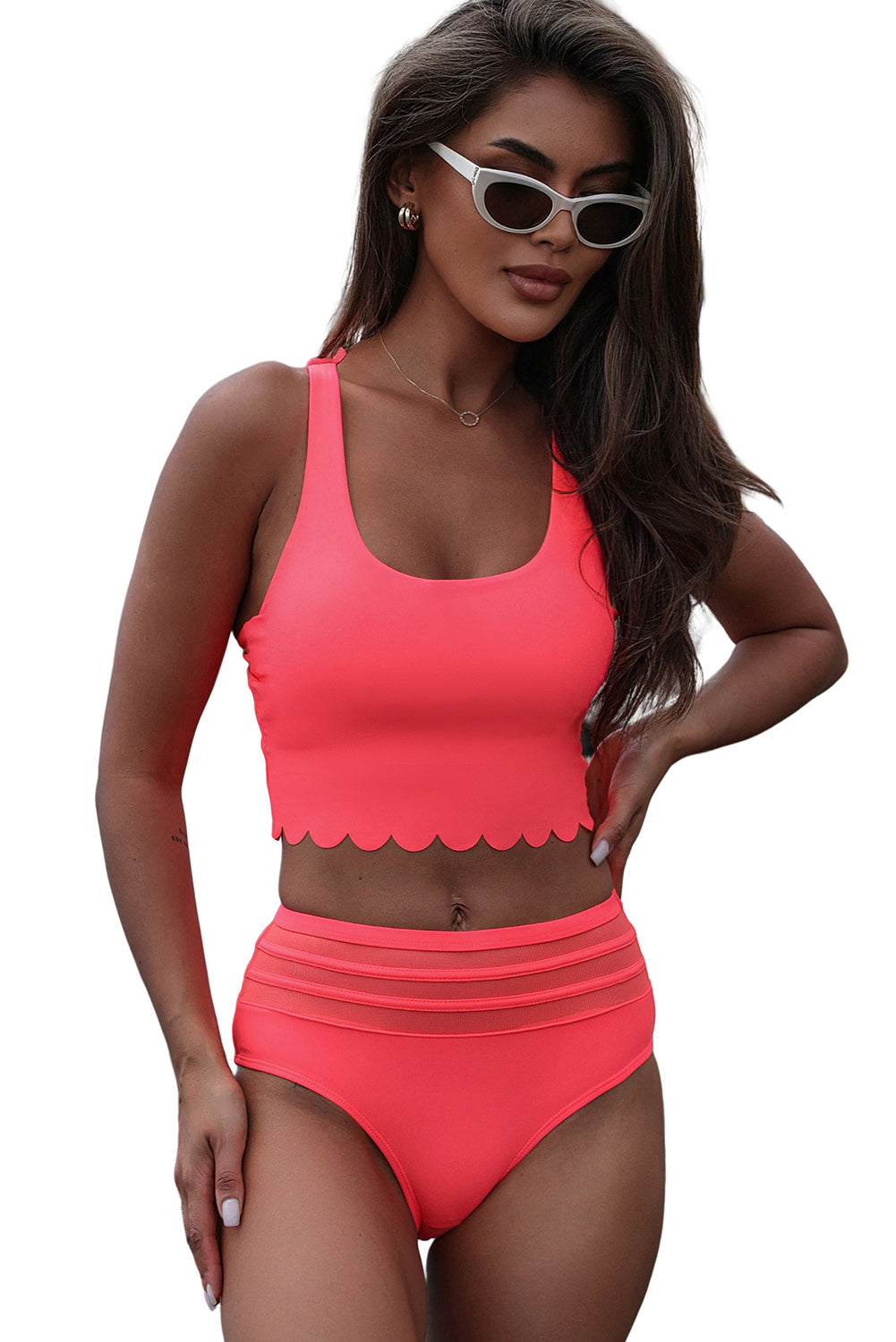 Scalloped Criss-Cross High-Waist Bikini Set – Effortless Style for the Modern Beachgoer! Pink / (US 4-6)S Pink / (US 8-10)M