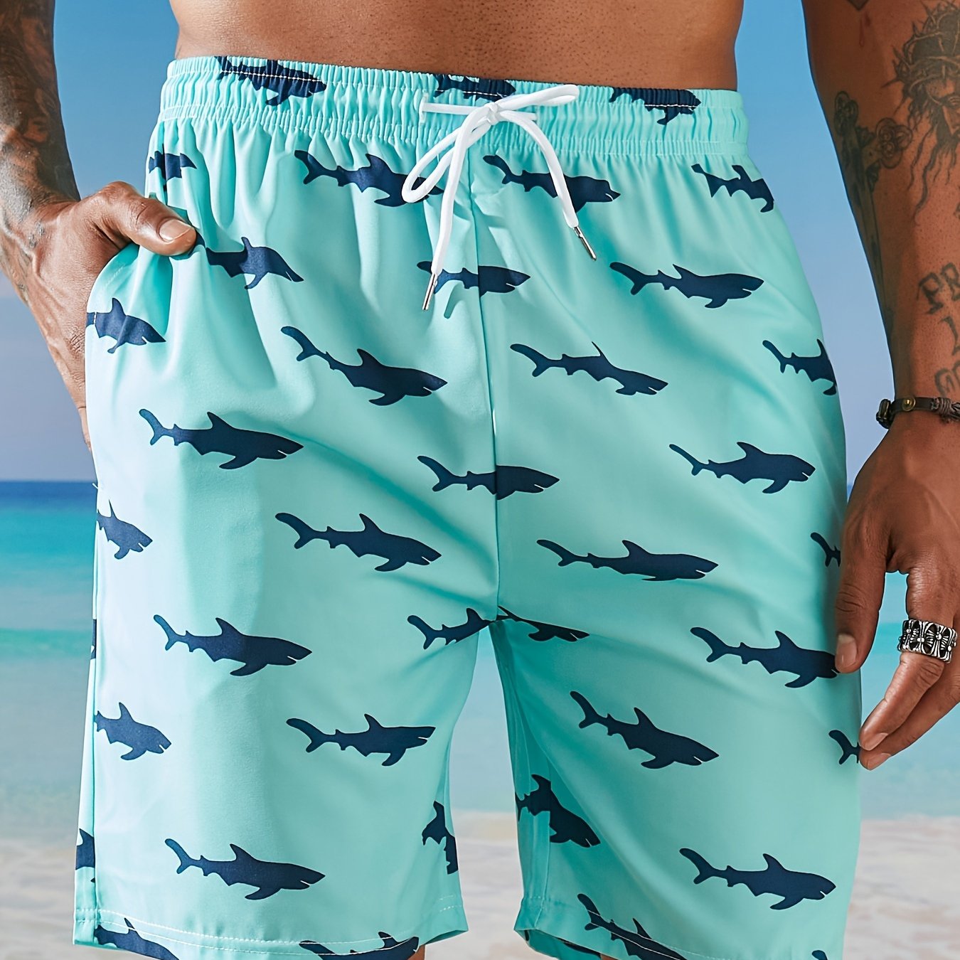 Men's Quick-Dry Hawaiian Swim Trunks with Adjustable Elastic Waist & Anti-Slip Pockets - Lightweight Beach Shorts, 95% Polyester 5% Spandex, Shark Print Design for Surfing, Swimming & Summer Activities, Surfing Essentials, Pl