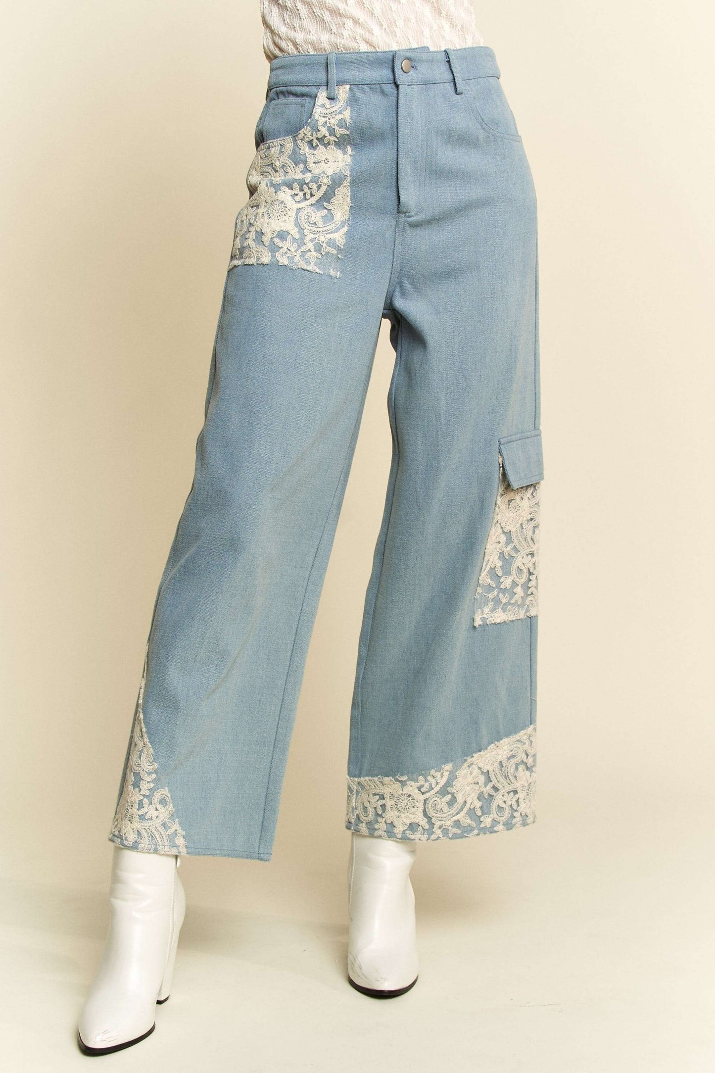 Davi & Dani Lace Applique Wide Leg Jeans Light