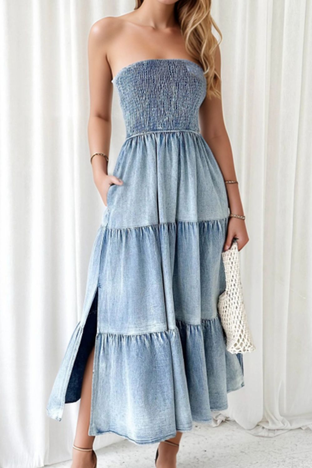 Smocked Tube Slit Tiered Denim Dress Light Blue / S Light Blue / M Light Blue / L Light Blue / S-Light Blue / M-Light Blue / L-Light Blue / XL-