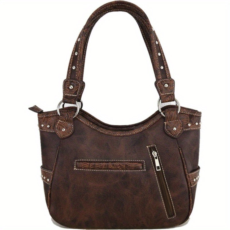 1pc Western Style Faux Leather Handbag with Rhinestone Cross and Conchos, Studded Shoulder Bag with Trifold Wallet Set Beige #2 Black Set Coffee Set Beige #2-Black Set-Coffee Set-Turquoise Set-