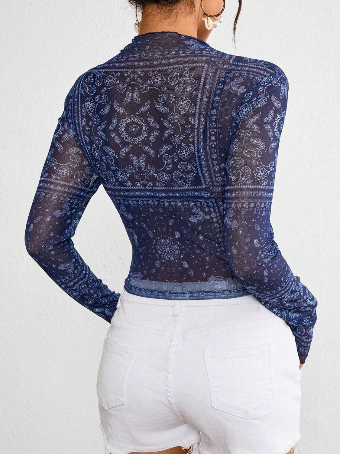 Paisley Mock Neck Long Sleeve Sheer Top Dark Blue / M Dark Blue / XL Dark Blue / S Dark Blue / M-Dark Blue / XL-Dark Blue / S-Dark Blue / L-Dark Blue / 2XL-