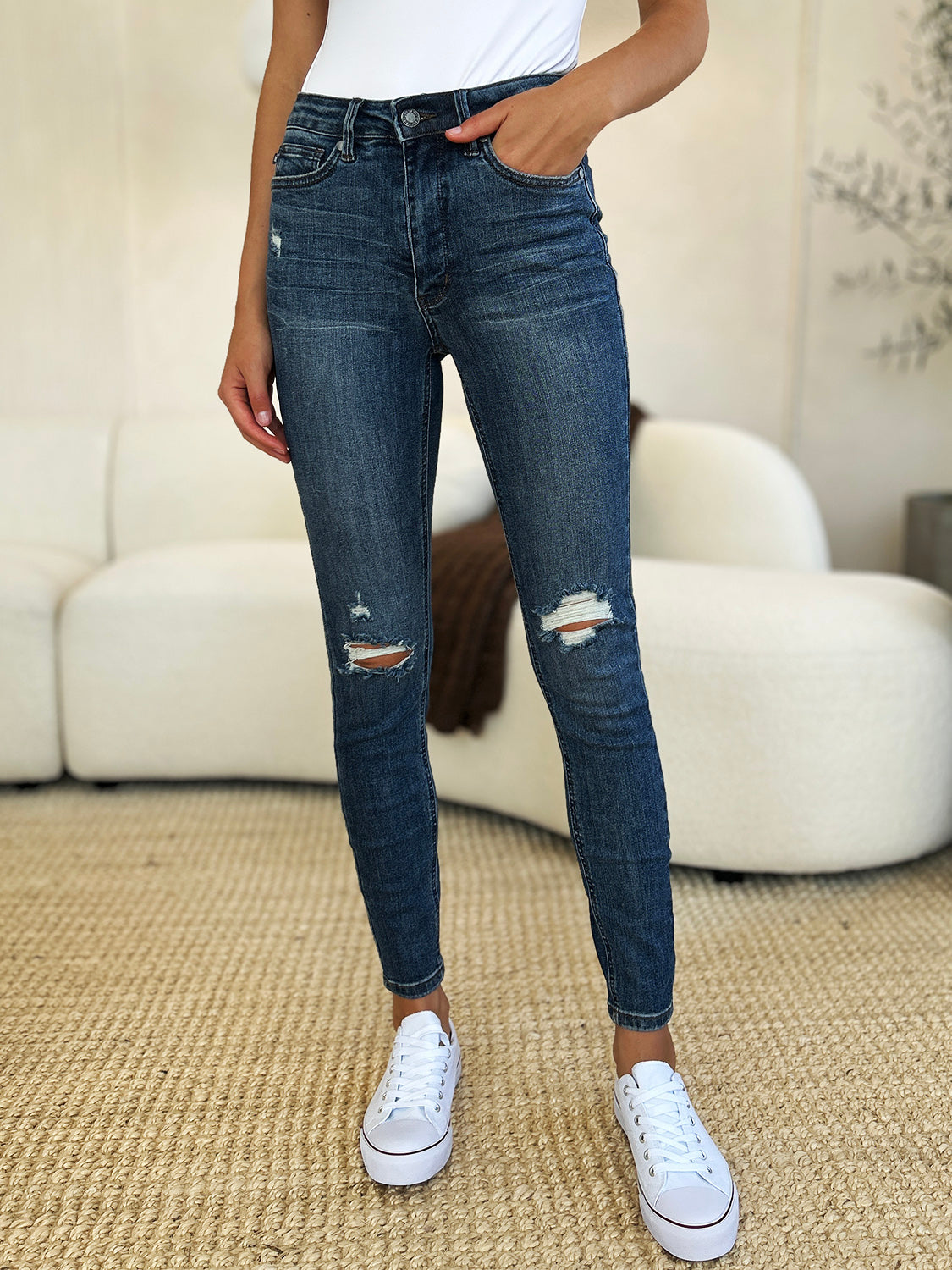 Judy Blue Full Size Mid Waist Distressed Slim Jeans Dark / 0 Dark / 1