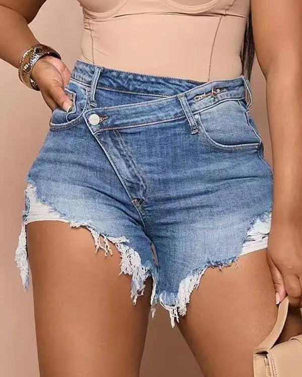 Trendy Buttoned Ripped Denim Shorts with Chic Pocket Design blue / L(8-10) blue / M(6)