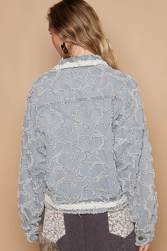 POL Star Textured Raw Hem Long Sleeve Denim Jacket Light / S Light / M