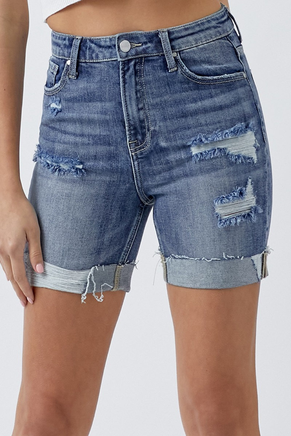 RISEN Full Size Distressed Rolled Denim Shorts with Pockets Medium / S Medium / M