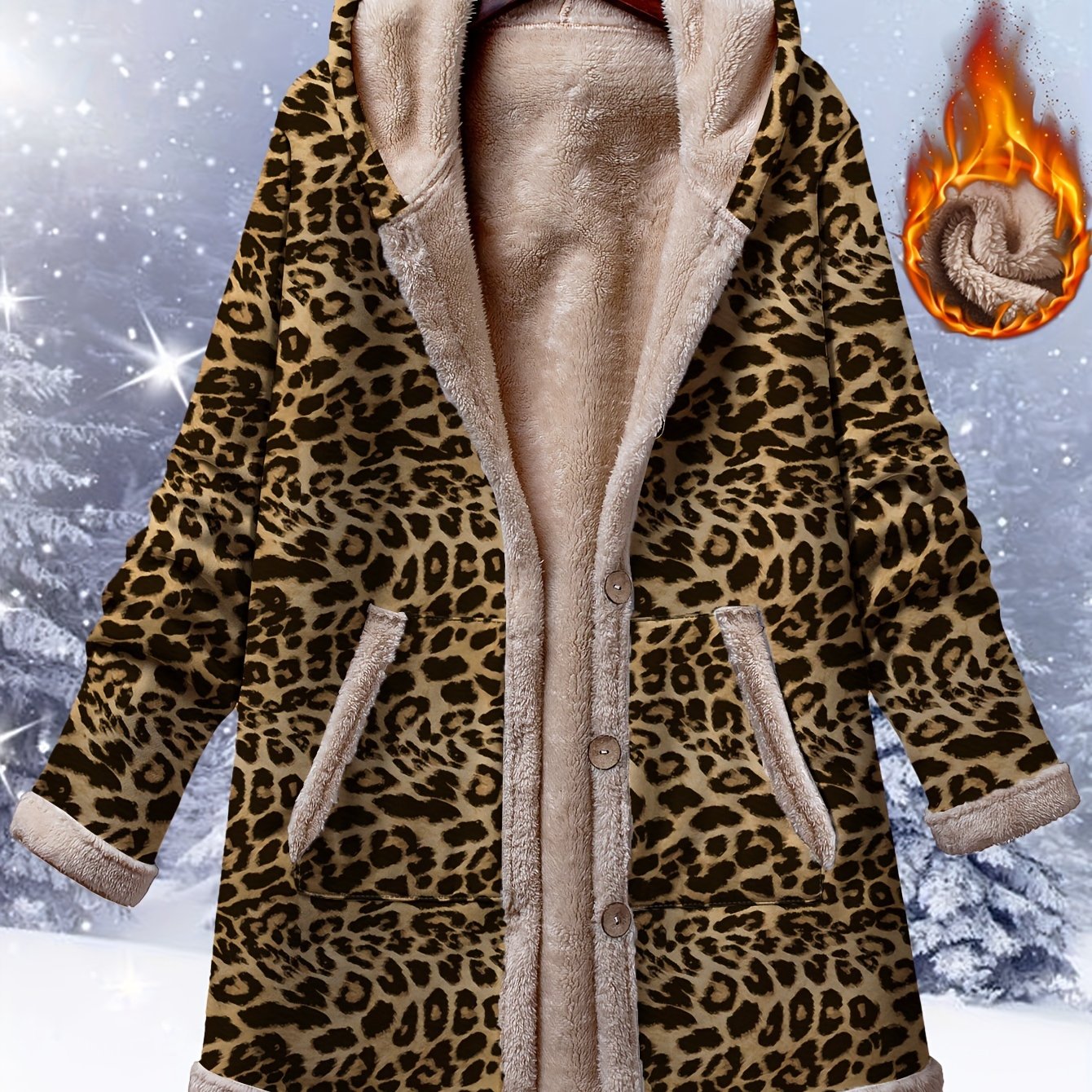 Cozy Chic: Plus Size Leopard Print Hooded Coat with Fleece Lining Earth-Yellow / 1XL Earth-Yellow / 2XL