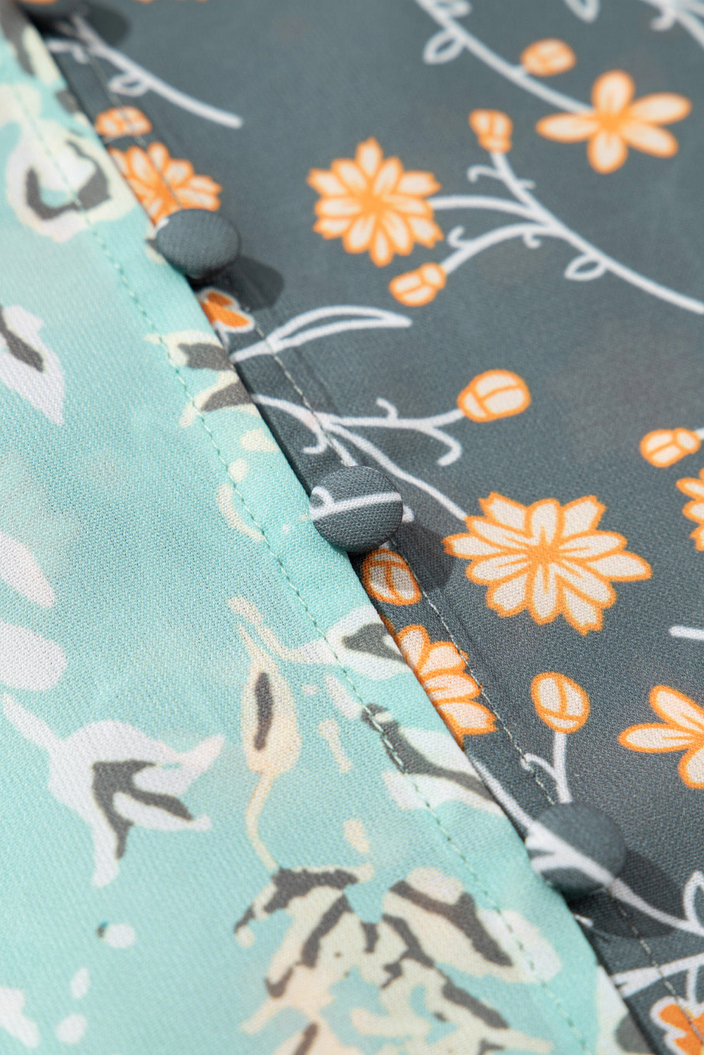 Green Floral Patchwork Lantern Sleeve Buttoned V Neck Plus Size Blouse Green / 1X Green / 2X