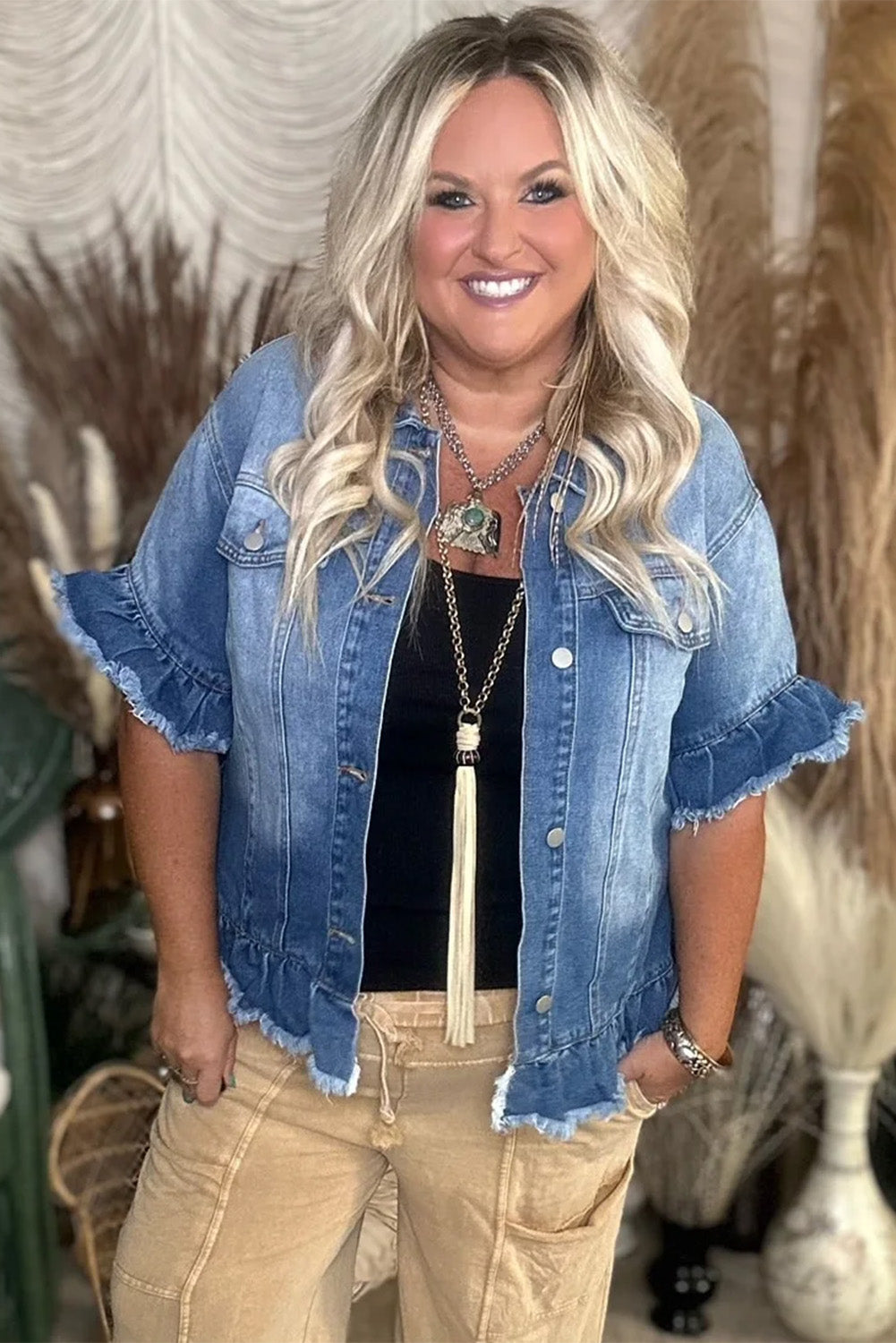 Peacock Blue Ruffled Frayed Short Sleeve Plus Size Denim Jacket Peacock Blue / 1X Peacock Blue / 2X